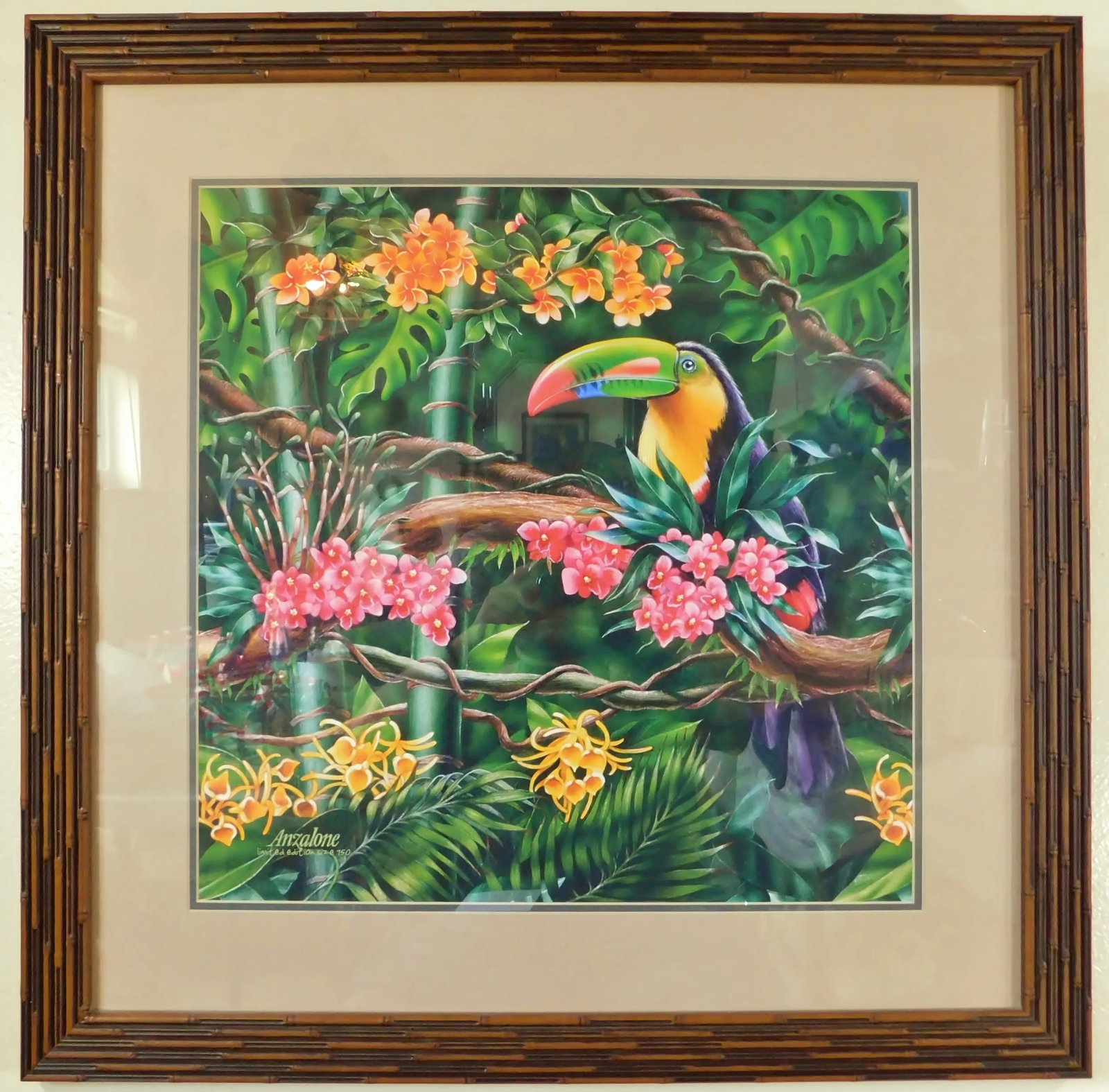 Large Tropical Toucan Bird on Tree Floral Limited Edition Print Bamboo Frame - 3