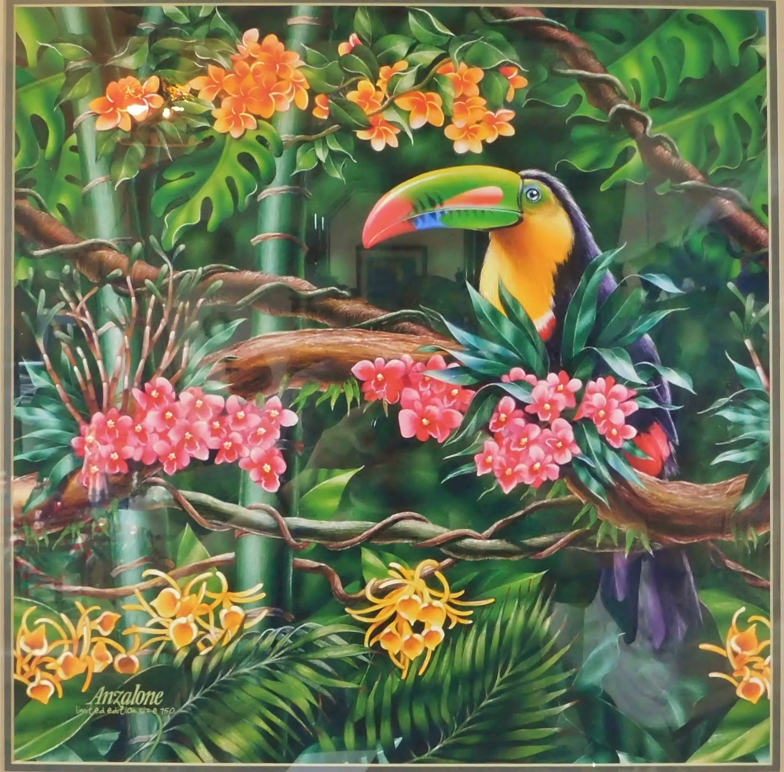 Large Tropical Toucan Bird on Tree Floral Limited Edition Print Bamboo Frame - 4