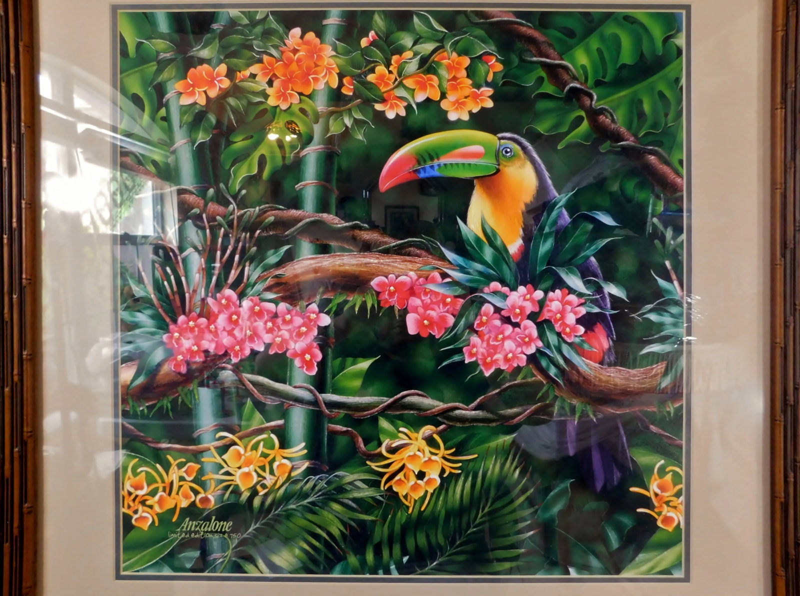 Large Tropical Toucan Bird on Tree Floral Limited Edition Print Bamboo Frame - 9