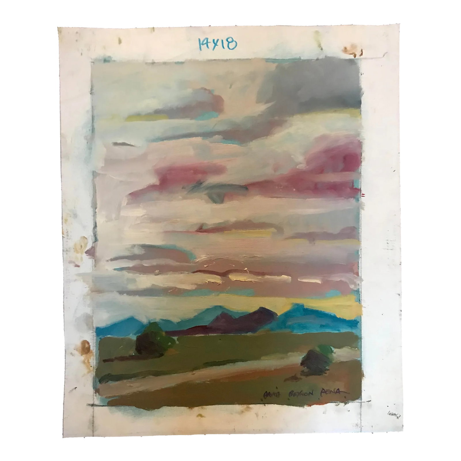 Tan Road Under Rosy Skies Original Oil Painting: This original oil painting by David Beynon Pena was painted in the southwest of a road traveling under magnificent rosy skies. Condition: Alterations: Original Condition Unaltered Imperfections: Some 