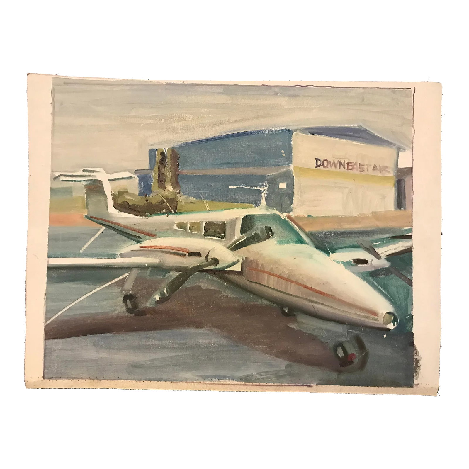 4-Seater Private Plane at the Rockland Maine Airport Oil Painting: This original oil painting of a private plane by David Beynon Pena was painted on location at the Owls Head Rockland, ME airport while we were waiting to take a flight. The airport staff told David