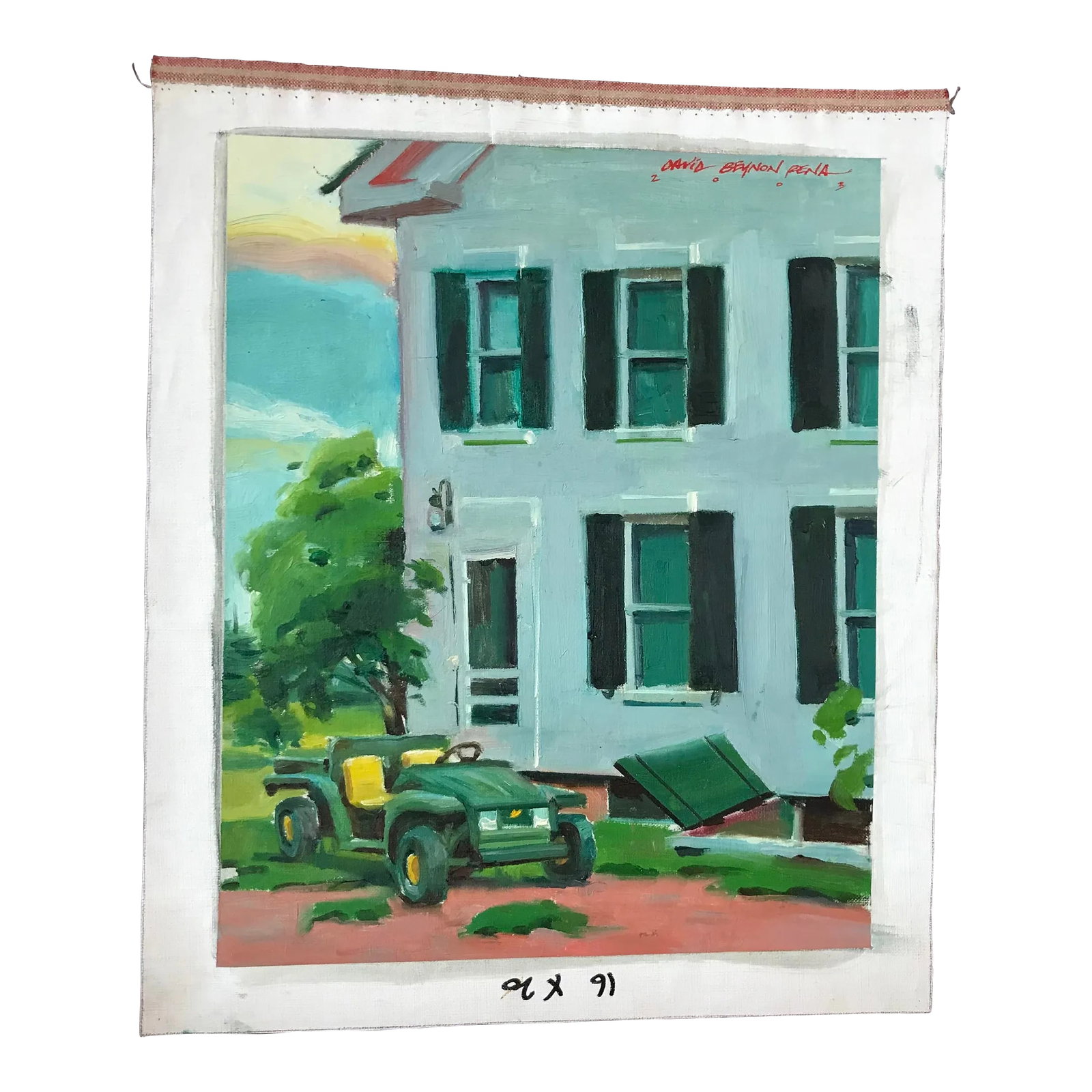 Green Tractor in Front of White House Original Oil Painting: This is an original, signed and dated, oil painting of a green tractor in front of the white, big house, painted on location by David Beynon Pena. Condition: Alterations: Original Condition Unaltered