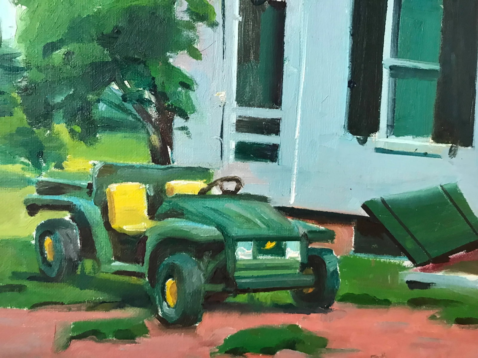 Green Tractor in Front of White House Original Oil Painting - 2