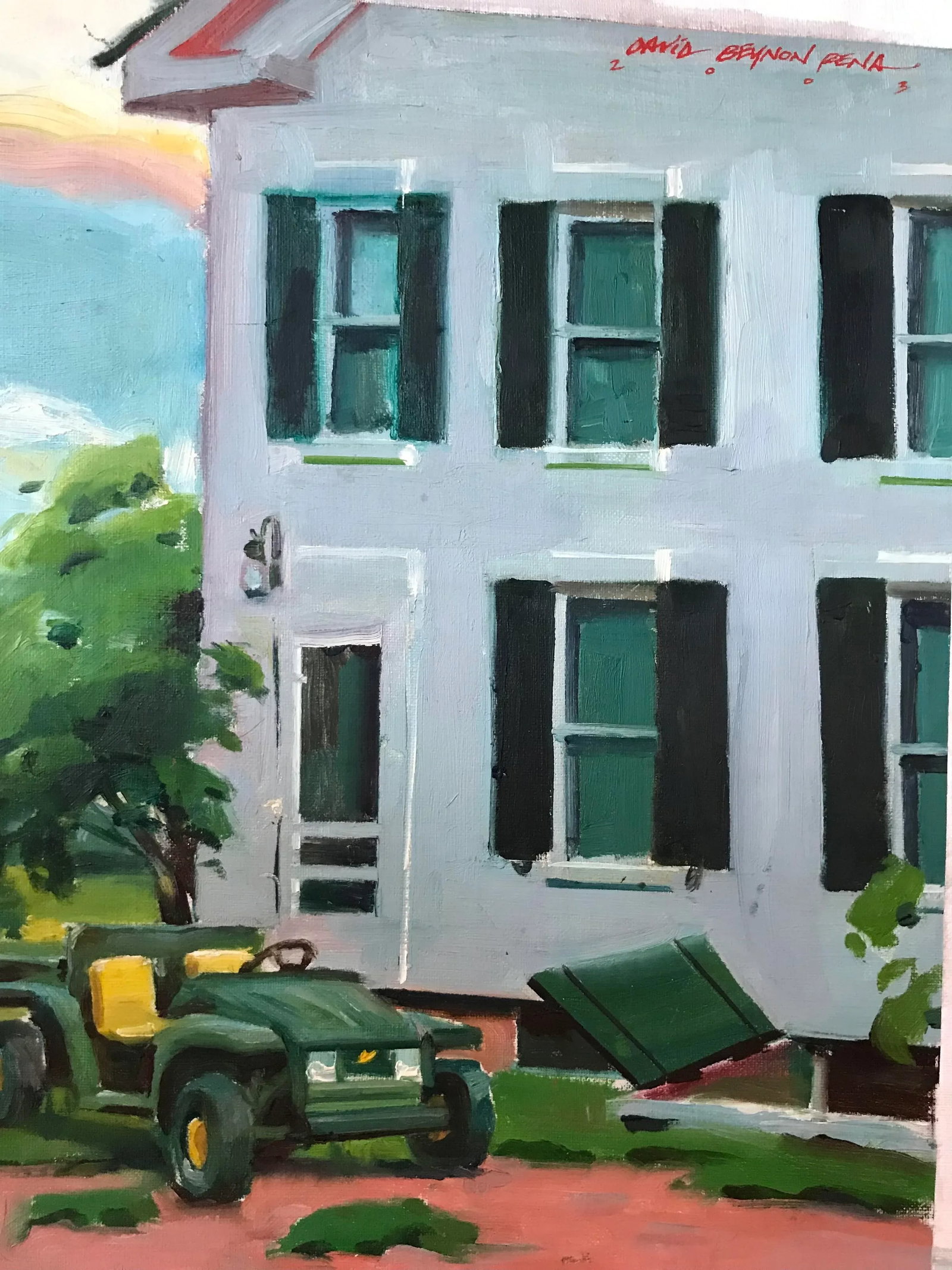 Green Tractor in Front of White House Original Oil Painting - 3