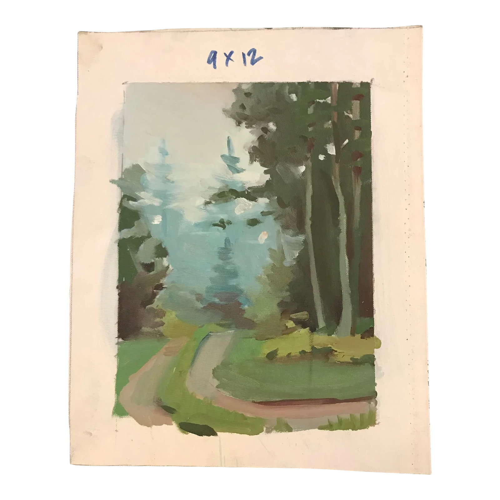 Winding Road Through Misty Woods Original Oil Painting: This dreamy original oil painting of a dirt road winding through the woods by David Beynon Pena captures the stillness of a peaceful walk in nature. Condition: Alterations: Original Condition
