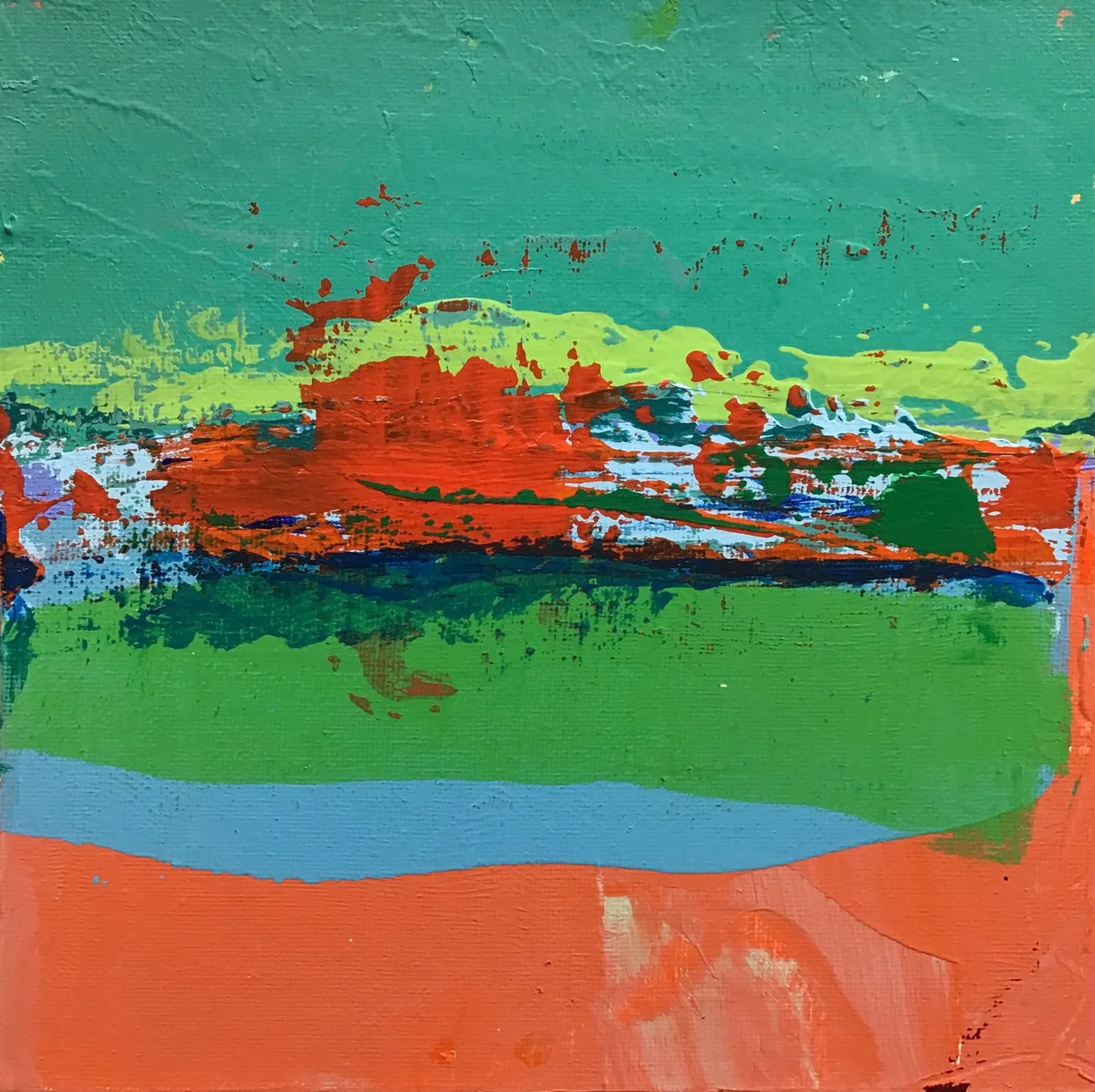 "CV111923" Abstract Coastal View Painting on Canvas Panel by Stephen Stilgenbauer: Acrylic on 8" by 8" Canvas Panel. Artist signed on the back side with S. Stilgenbauer (CA Artist Stephen Stilgenbauer). >> This size painting ships with USPS Priority Mail. Condition: Imperfections: