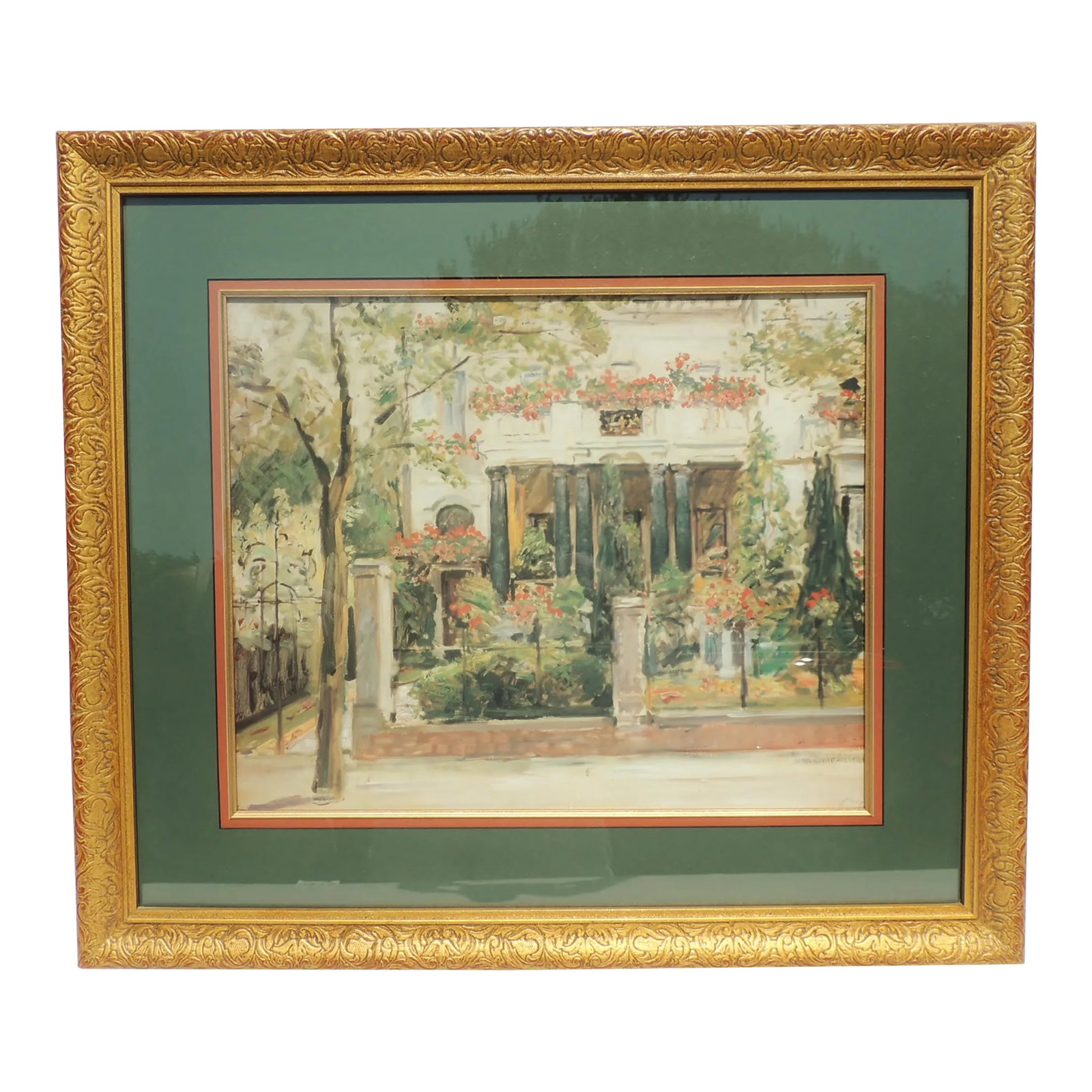 Large Bombay Company Ornate Gold Wood Framed & Matted Impressionist Landscape Print: Beautiful large Bombay Company impressionist landscape print with ornate gold wood frame. Beautiful print matted in forest green and red. Ornate design on gold wood frame. Made by The Bombay Company
