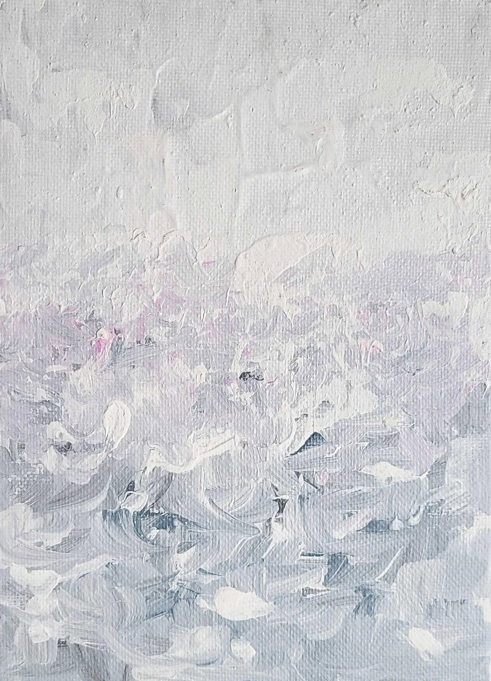 "Impressions in Grey" Original Impressionist Landscape Abstract Art Painting: IMPRESSIONS IN GREY is an original abstract in impressionism style. This artwork was created on canvas board with acrylics in shades of greys, slate grey, white and bits of pink. There is a bit of imp