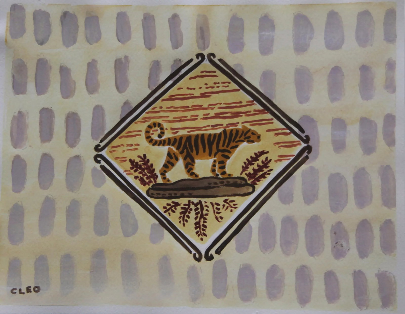 Tiger American Landscape Delft Tile Inspired Yellow, Brown Original Painting by Cleo Plowden: An Italian or Mediterranean or Delft tile style painting of a horse in an expressionist landscape shown here in Old master Colors of raw umber, sepia, red ochre, Naples yellow, on an abstract ground