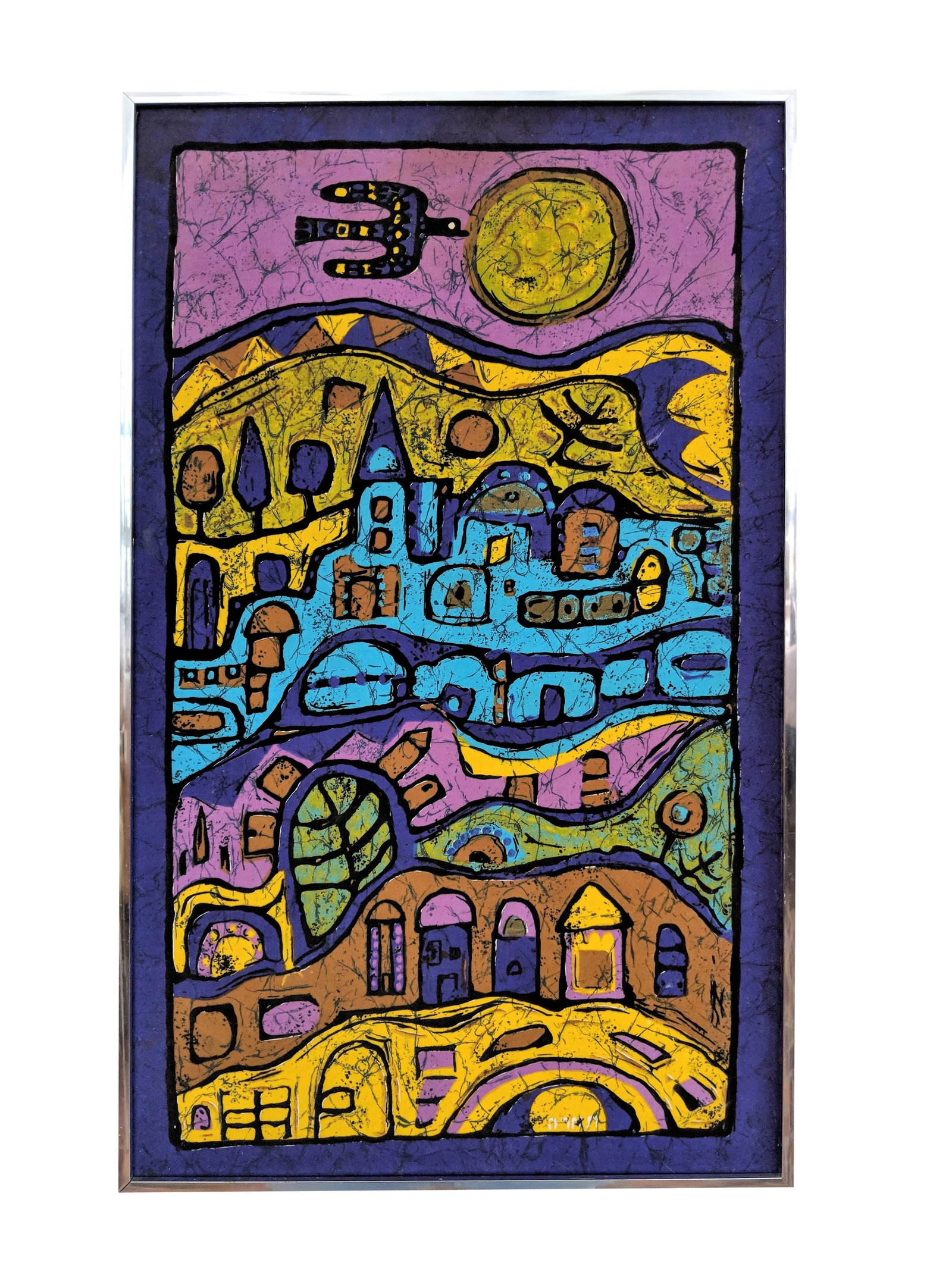 1980s Modern Silk Batik Villa Print: Batik on silk. Amazing, vibrant colors. Chrome frame without glass. Condition: Alterations: Original Condition Unaltered Imperfections: Some Imperfections Condition Notes: Good Vintage Condition