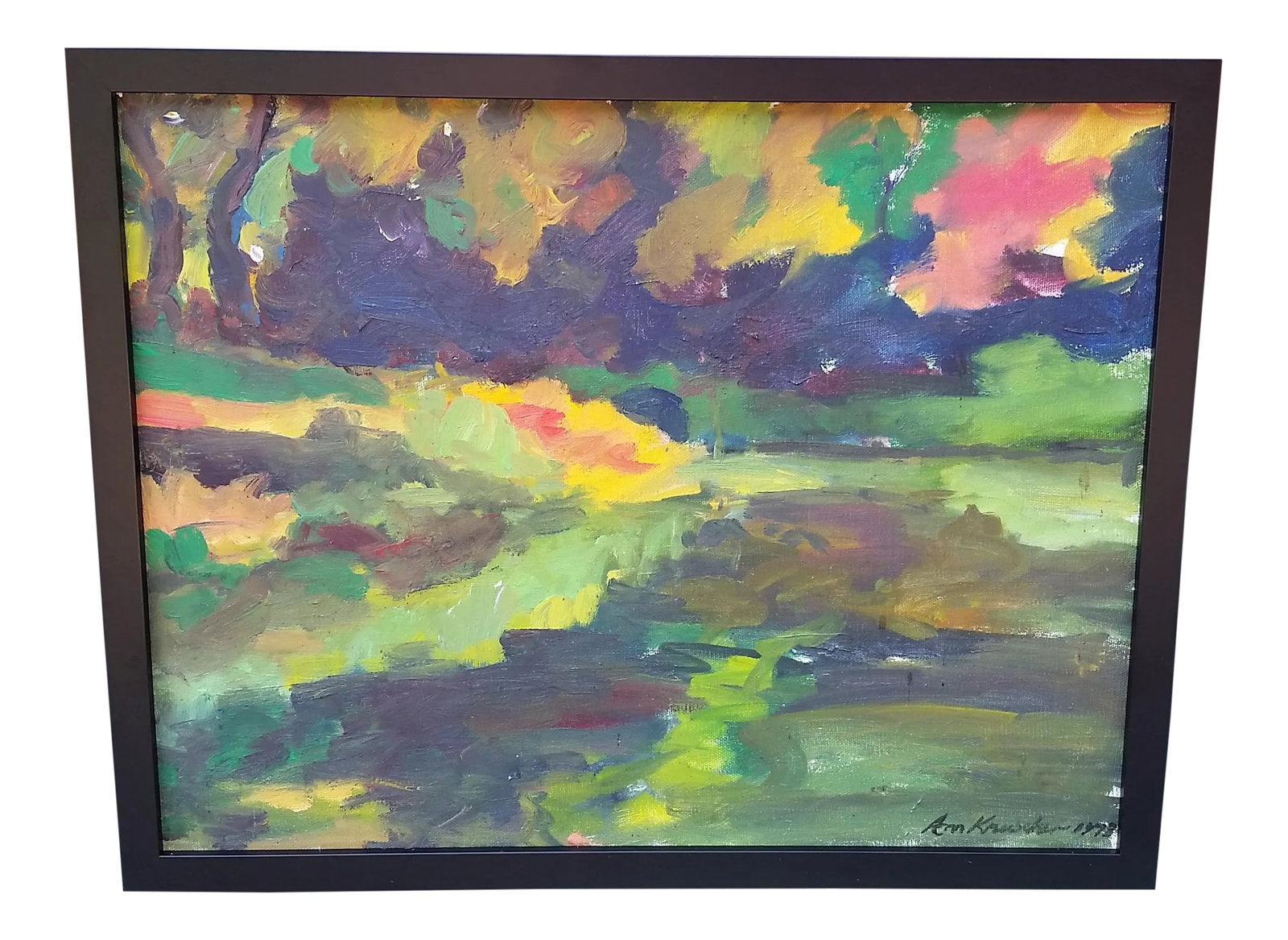 1978 Signed Abstract Expressionist Oil on Canvas Painting, Framed: Here's a signed 1978 Abstract Expressionist oil on canvas that was done by known Upstate New York artist Ann Kreuscher Casselman (1956). This dark and mysterious fall landscape is newly framed with ha
