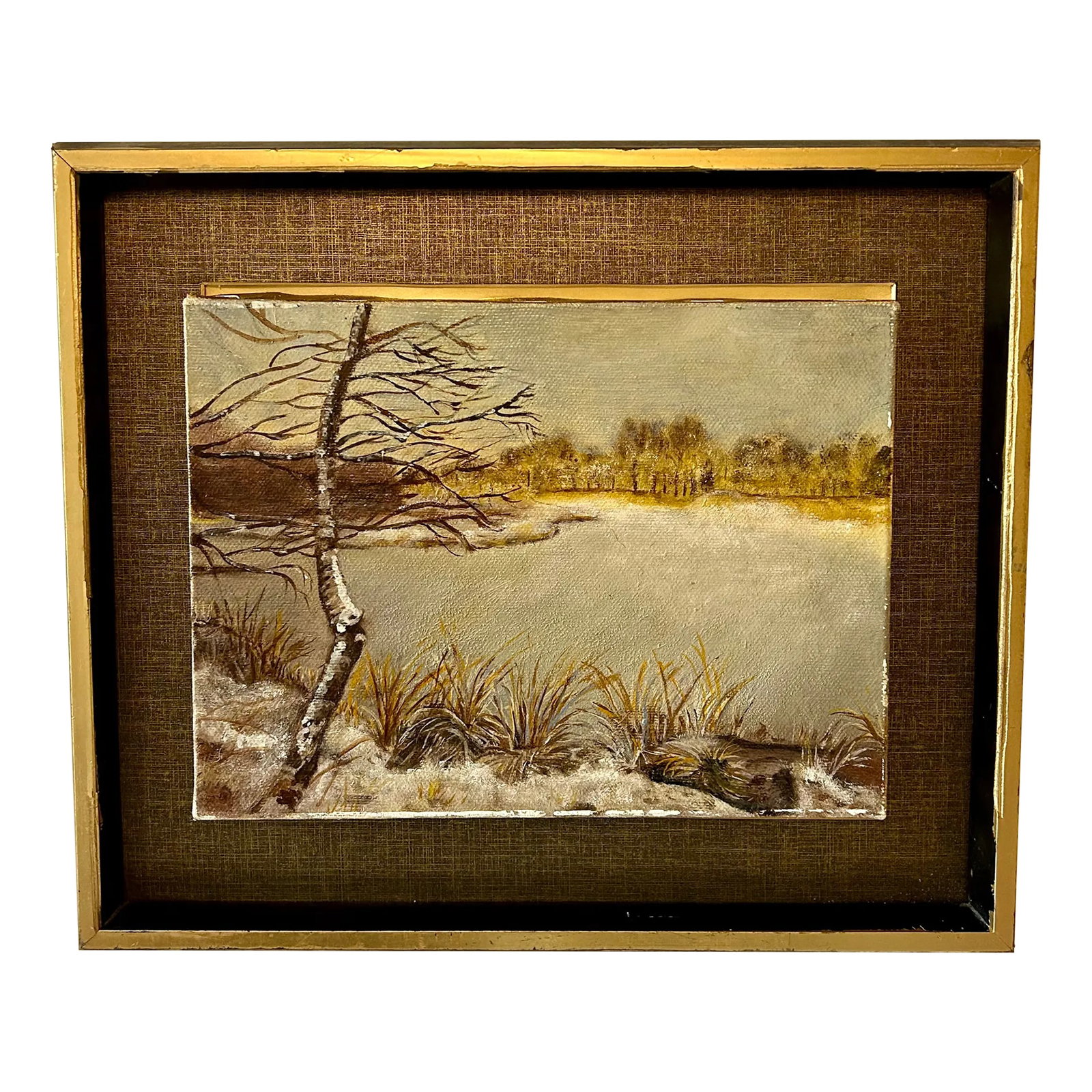 Vintage Original Landscape Winter Frozen Lake Oil on Canvas Signed by the Artist: This original oil on canvas by artist Tilly Bayhus Willeinse (1986) depicts a landscape of a frozen Lake that is so rich in detail, you can almost see your breath in the air! As you contemplate where 