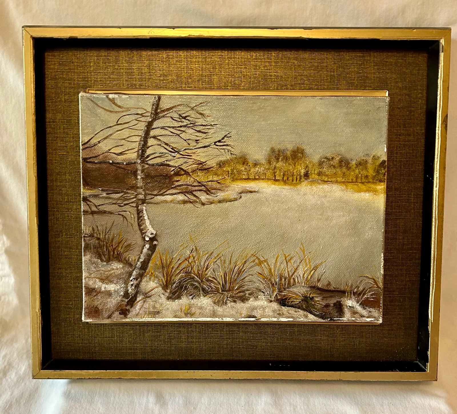 Vintage Original Landscape Winter Frozen Lake Oil on Canvas Signed by the Artist - 2