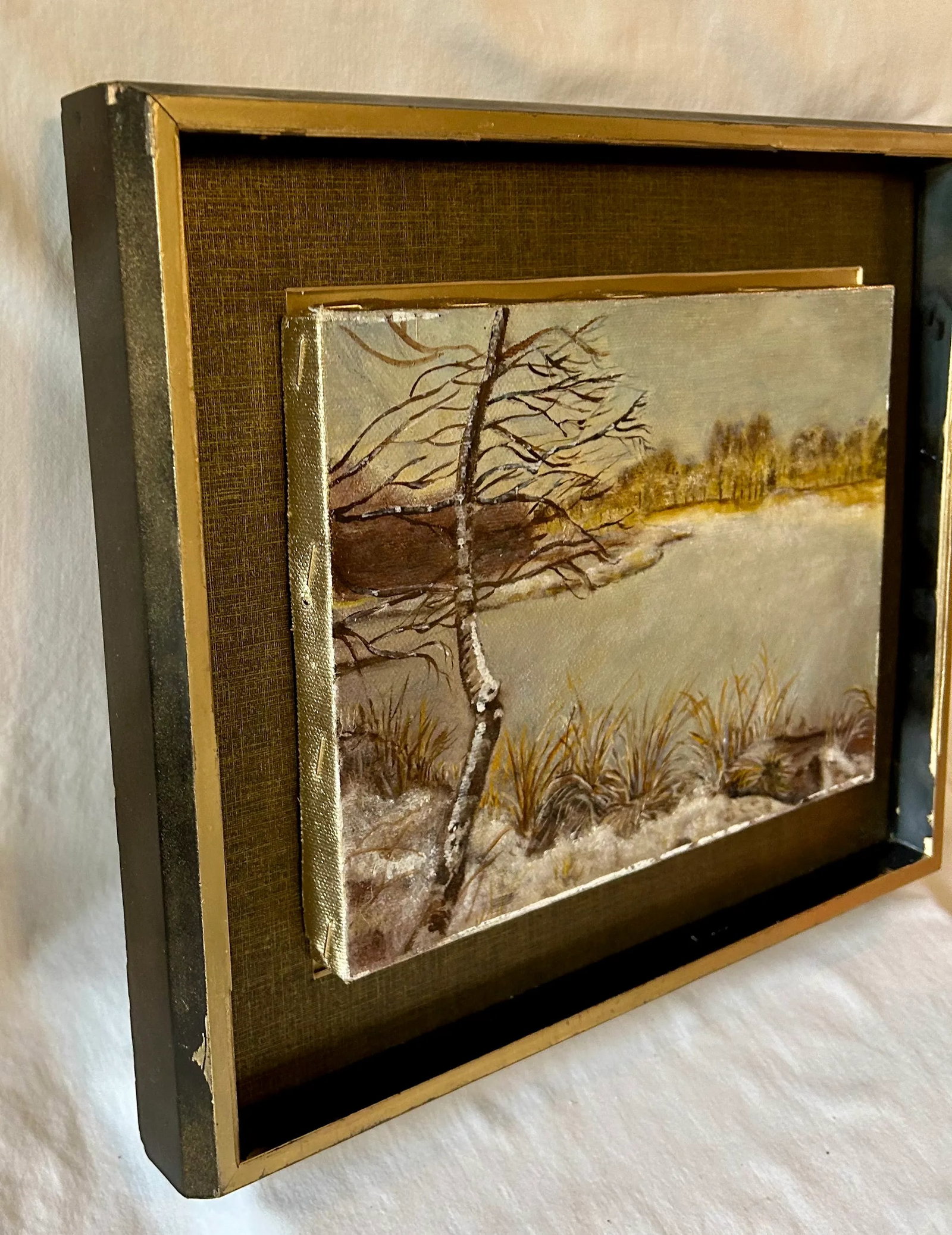 Vintage Original Landscape Winter Frozen Lake Oil on Canvas Signed by the Artist - 3