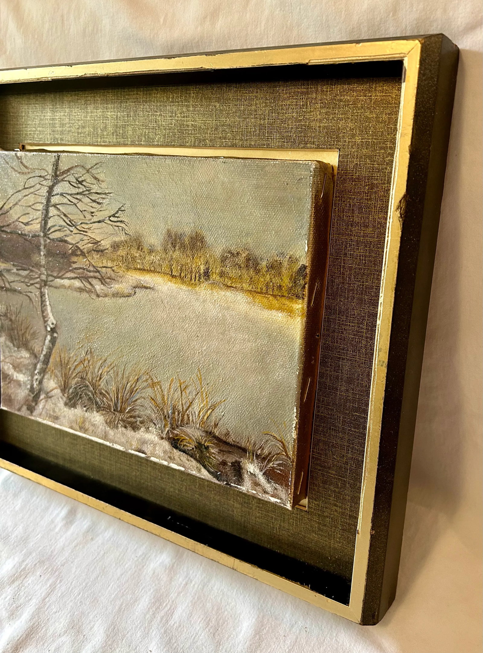 Vintage Original Landscape Winter Frozen Lake Oil on Canvas Signed by the Artist - 4