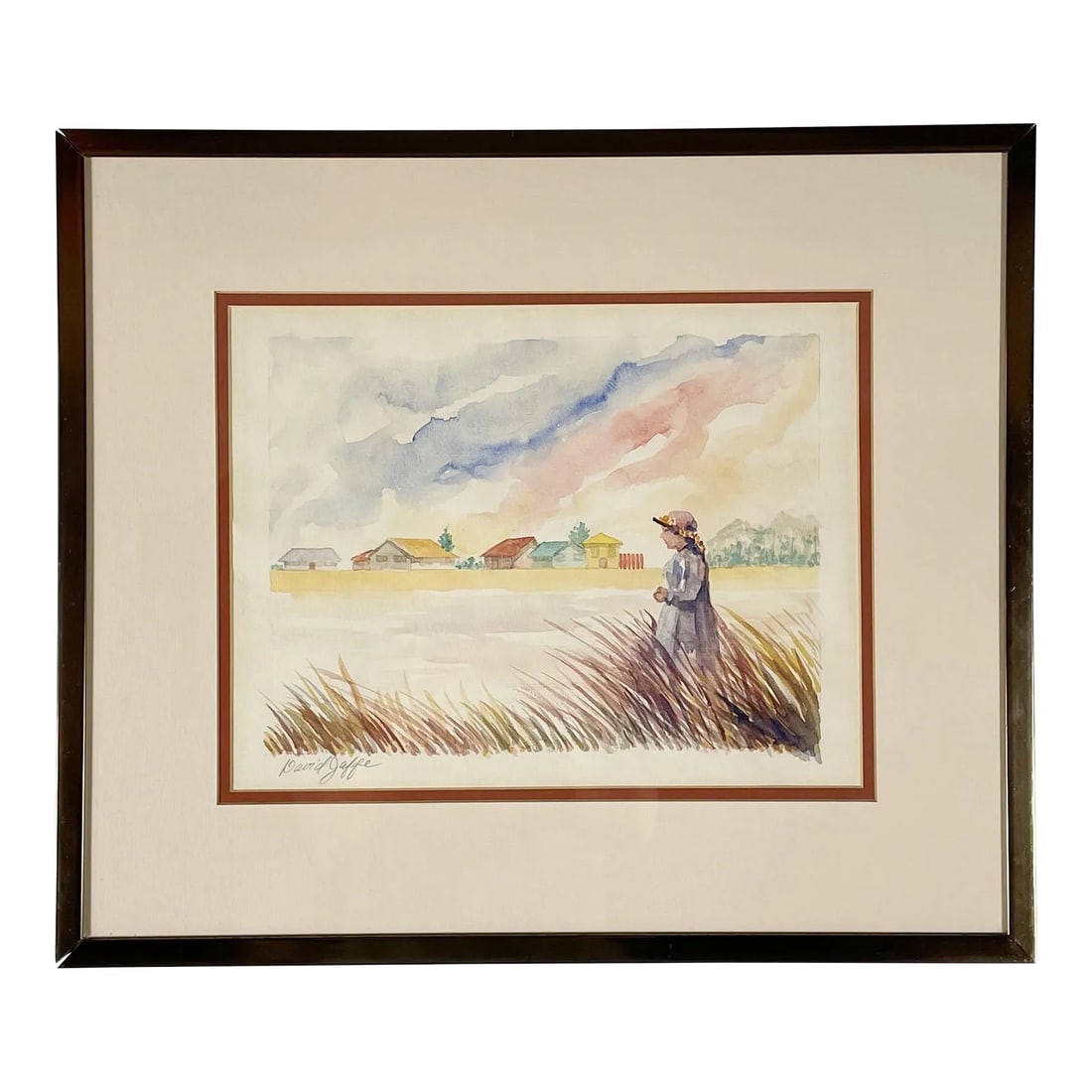 Vintage Framed Watercolor of Woman Walking Countryside Signed: Vintage framed watercolor depicting a peaceful countryside scene with a woman walking, signed by David Jaffe. This understated piece exudes a sense of calm and simplicity, making it a subtle yet