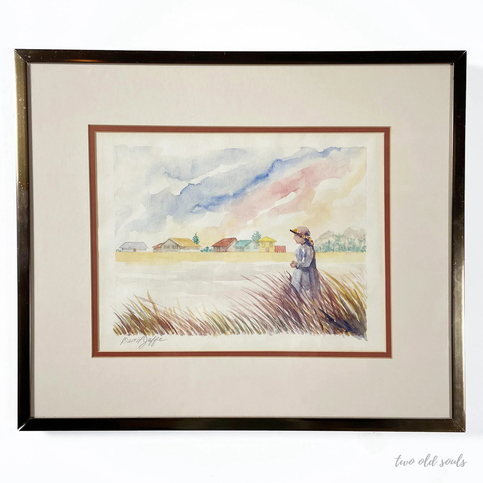 Vintage Framed Watercolor of Woman Walking Countryside Signed - 3