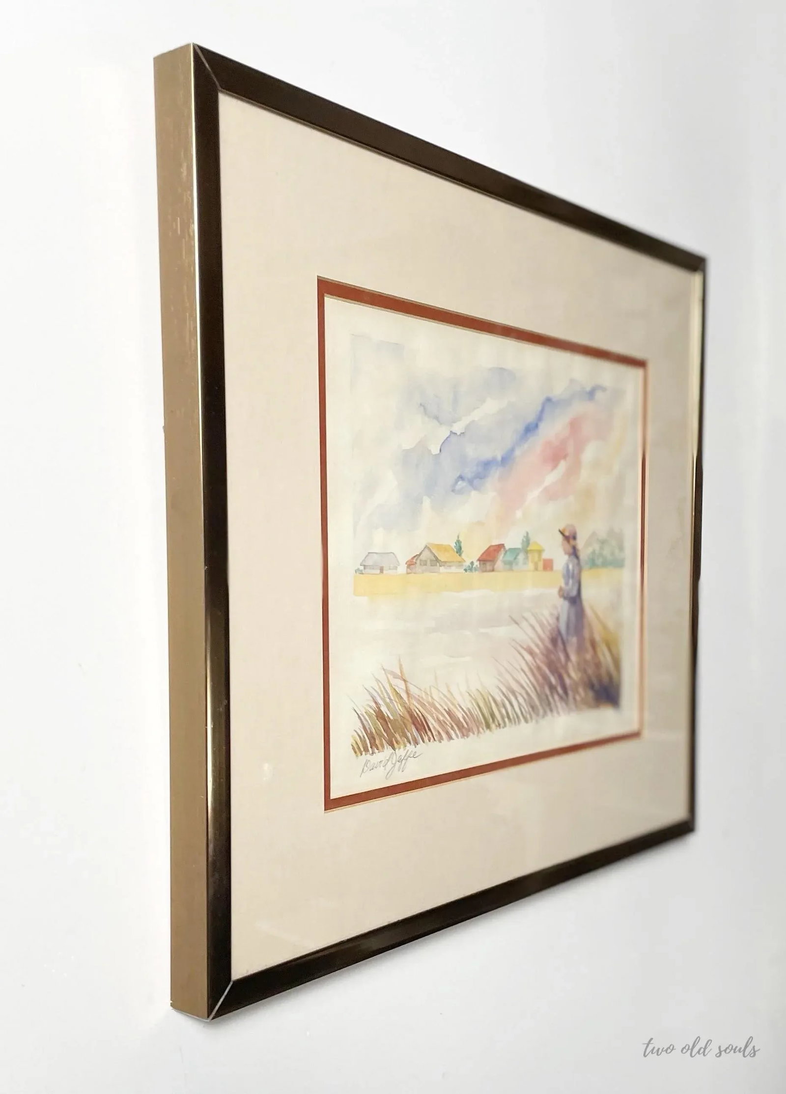 Vintage Framed Watercolor of Woman Walking Countryside Signed - 4