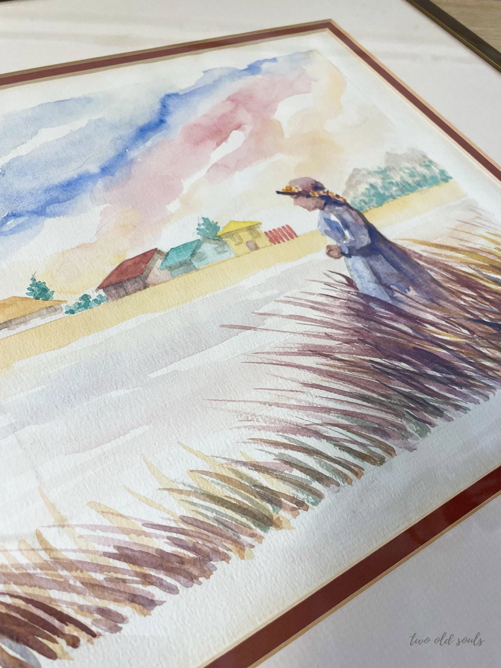 Vintage Framed Watercolor of Woman Walking Countryside Signed - 6
