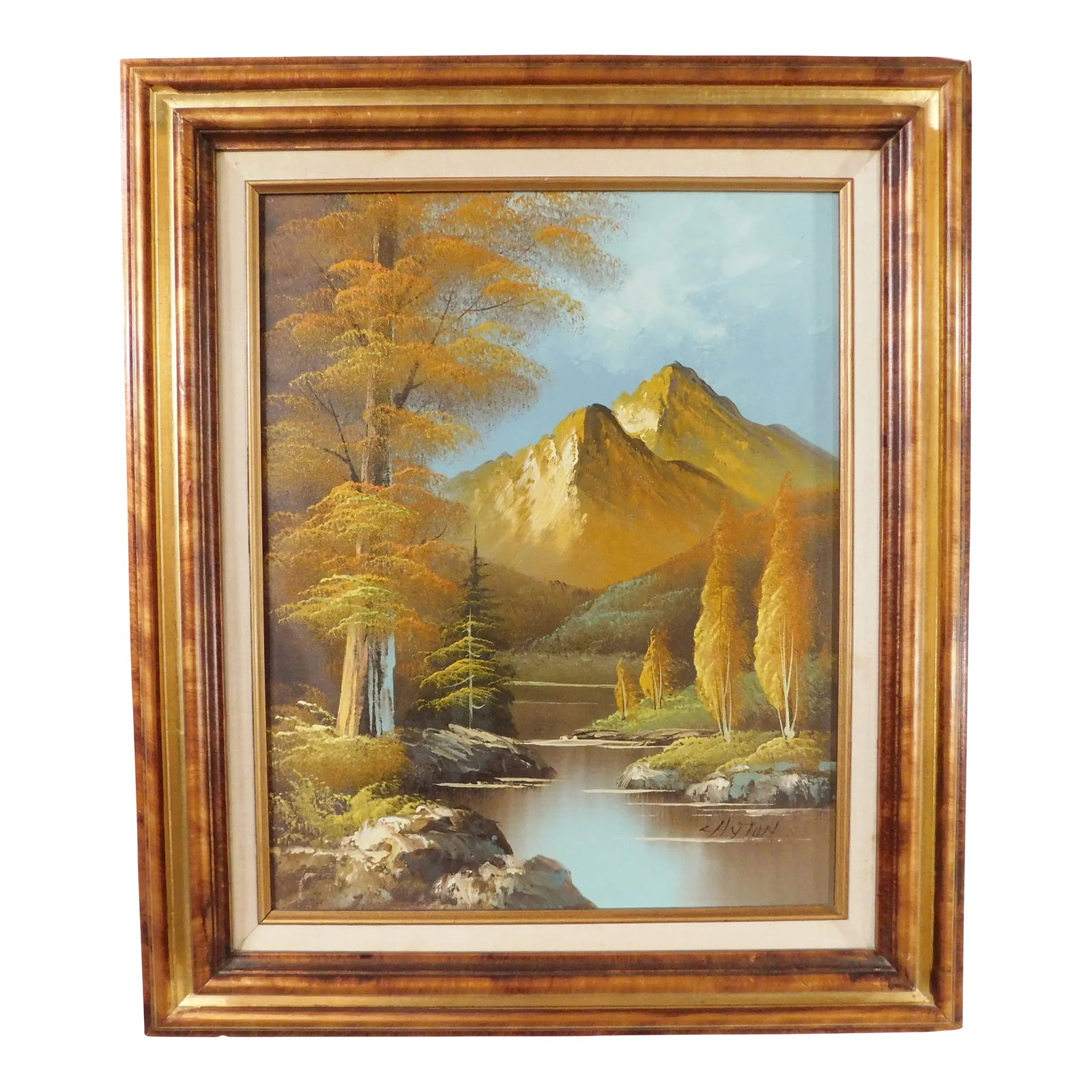 Ornate Mid Century Modern Oil on Canvas Signed "Hytun" Landscape Painting Framed: Wonderful mid century modern oil on canvas landscape painting. Signed by "Hytun" as shown. Framed and matted in a very ornate wood frame as shown. Made in the USA - Circa 1970s/1980s. Measurements -