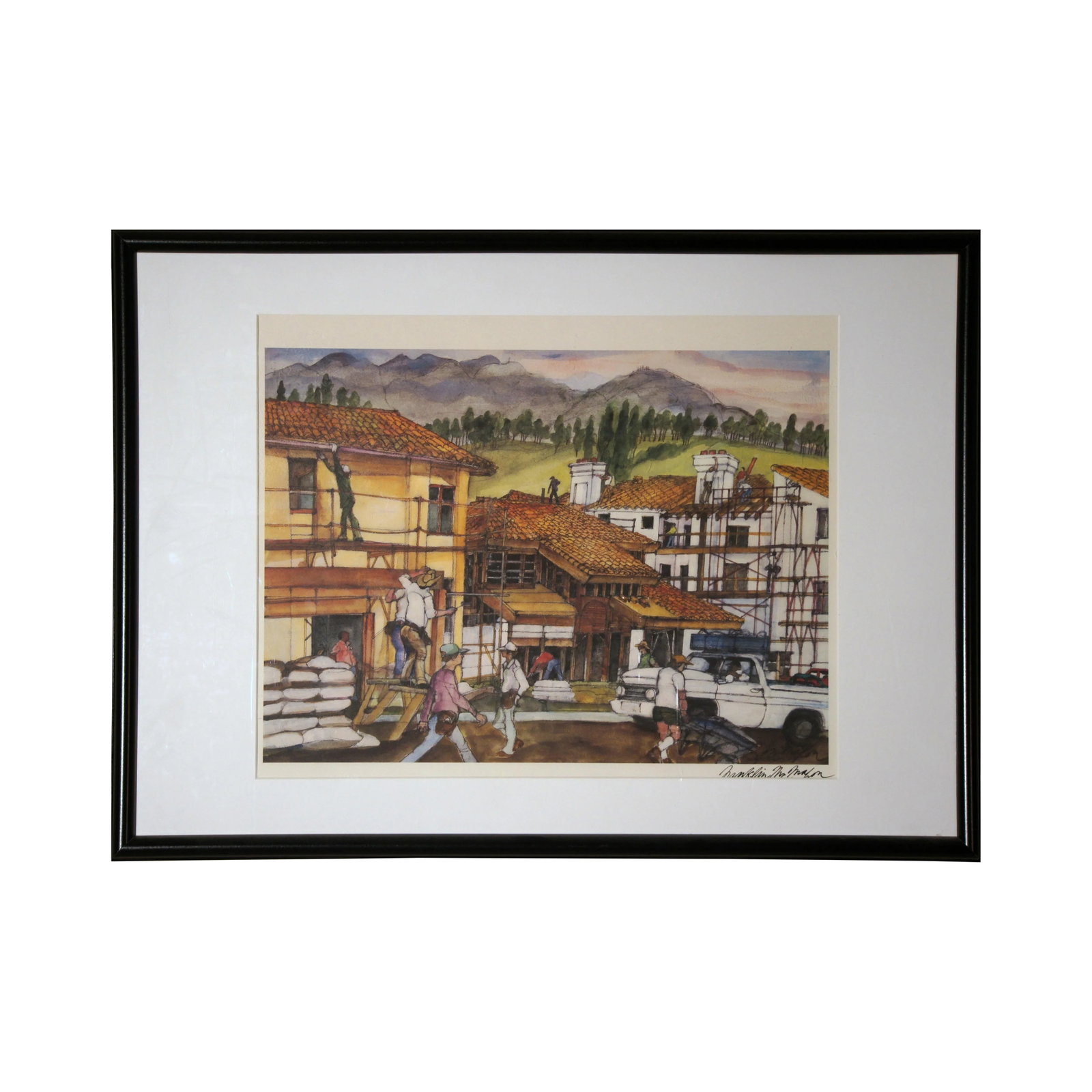 Franklin McMahon "Home Construction" Signed Art Print: Franklin McMahon "Home Construction" art print, signed in pen lower right. Great artistry and beautiful vivid colors. Frame measures 28.75in by 20.75in. Excellent vintage condition. From the artist's