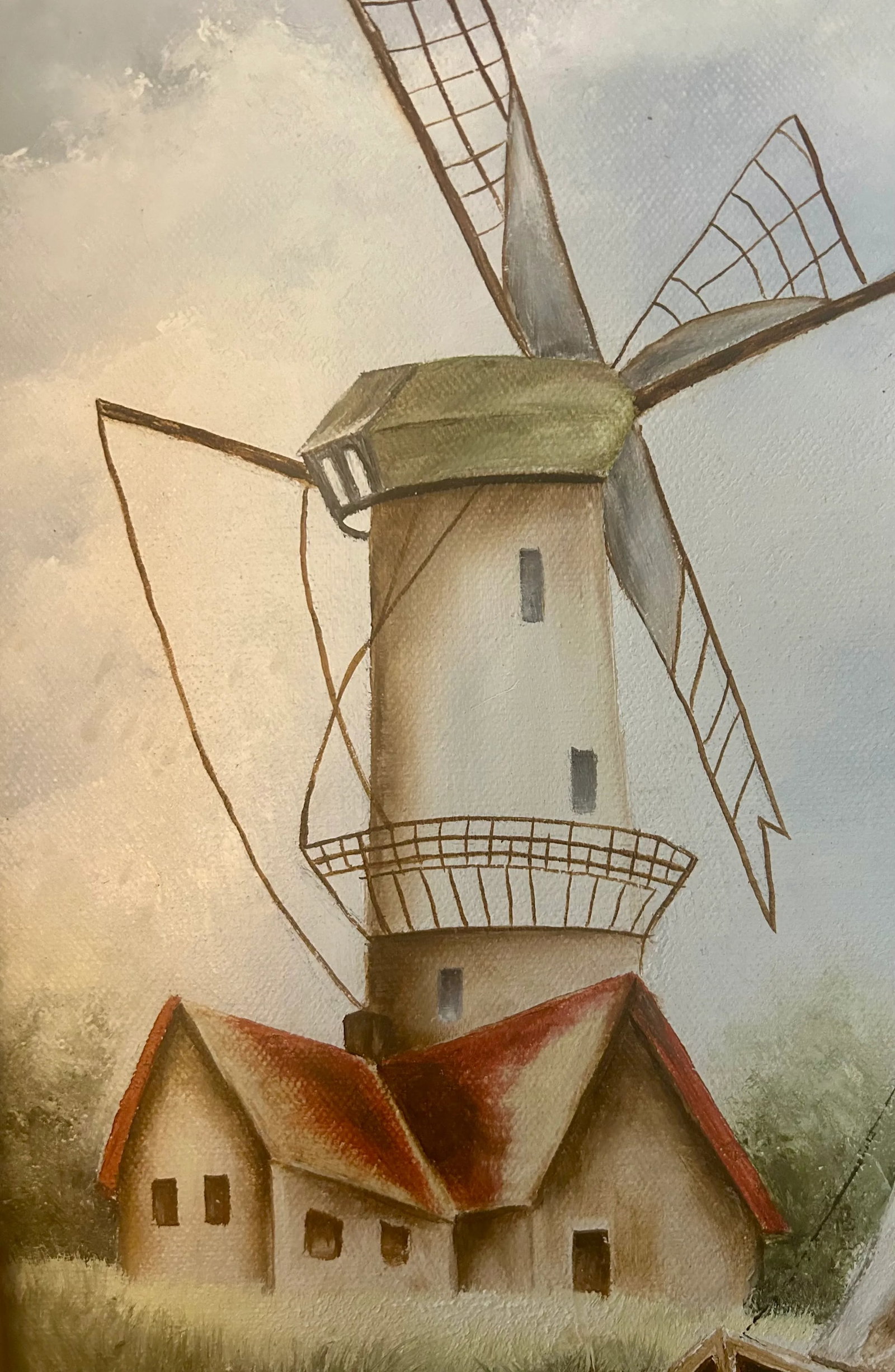 Vintage Dutch Windmill and Sailboat Oil on Canvas, Signed by Artist - 10