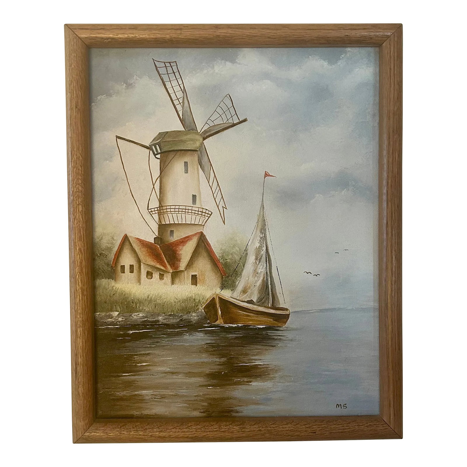 Vintage Dutch Windmill and Sailboat Oil on Canvas, Signed by Artist (1 of 10)