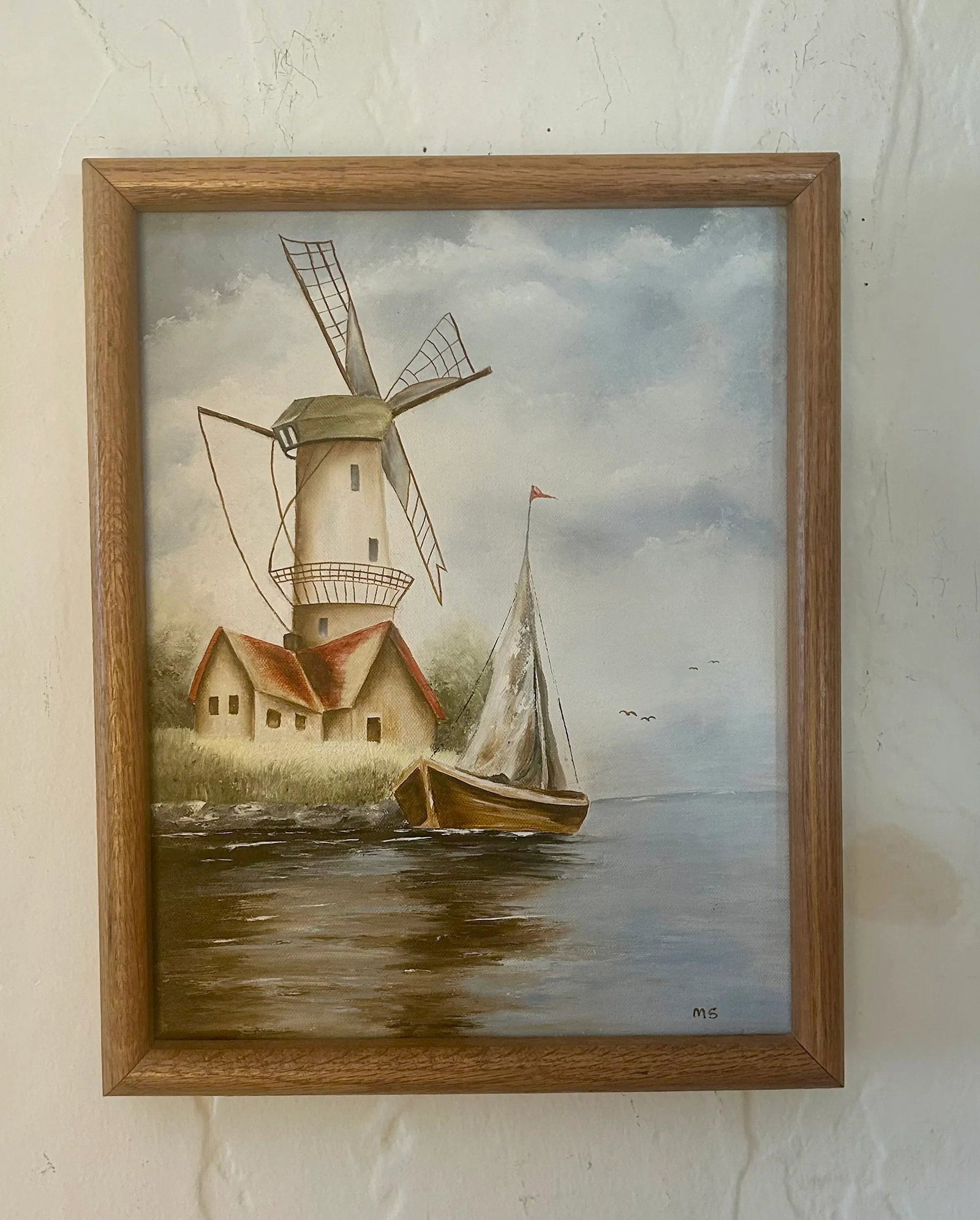 Vintage Dutch Windmill and Sailboat Oil on Canvas, Signed by Artist - 2