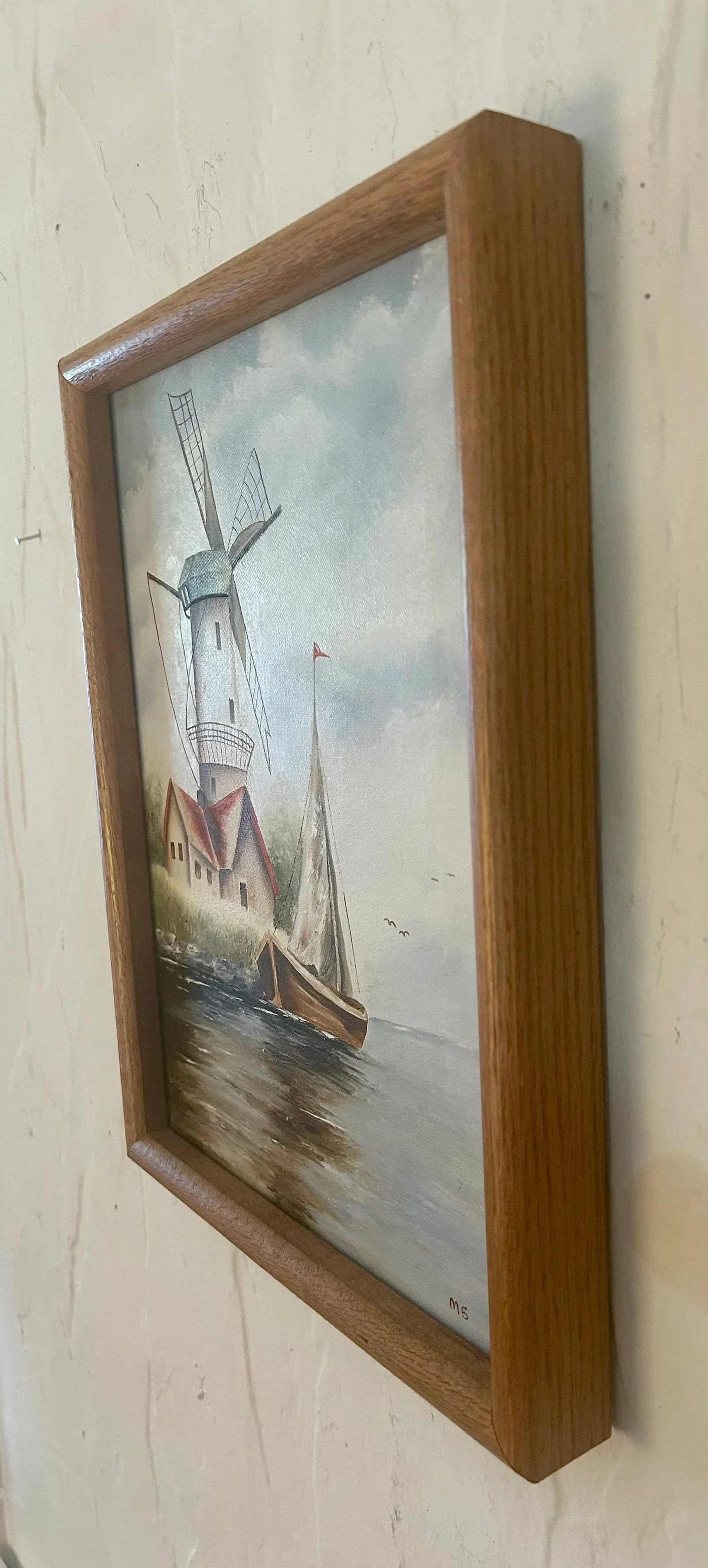 Vintage Dutch Windmill and Sailboat Oil on Canvas, Signed by Artist - 3