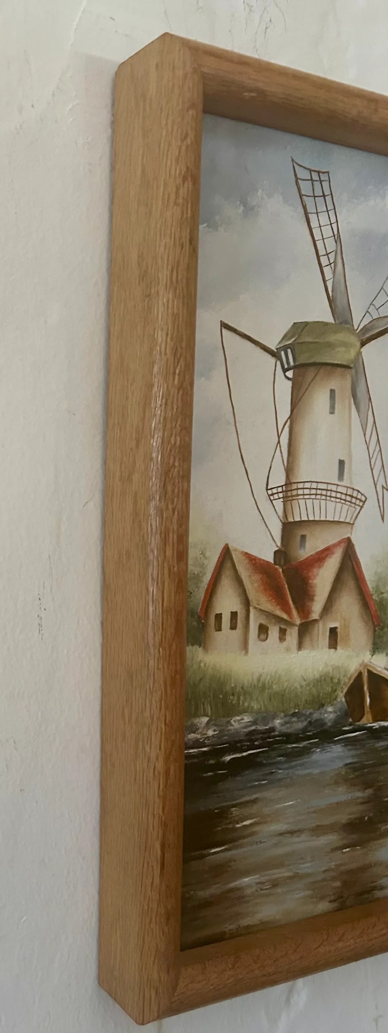 Vintage Dutch Windmill and Sailboat Oil on Canvas, Signed by Artist - 5