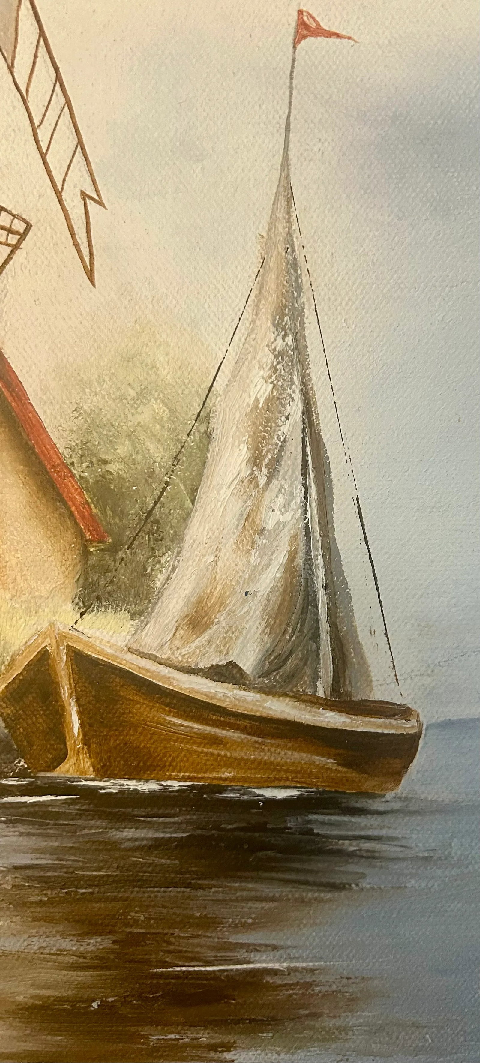 Vintage Dutch Windmill and Sailboat Oil on Canvas, Signed by Artist - 8