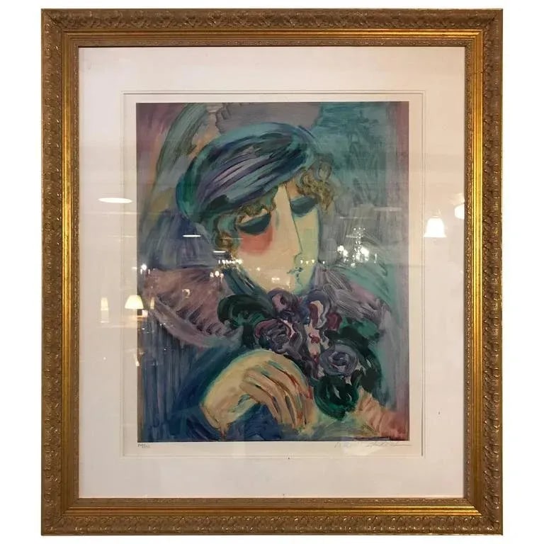 Finely Framed and Matted Lithograph by Barbara Wood Woman With Hat and Flowers - 11