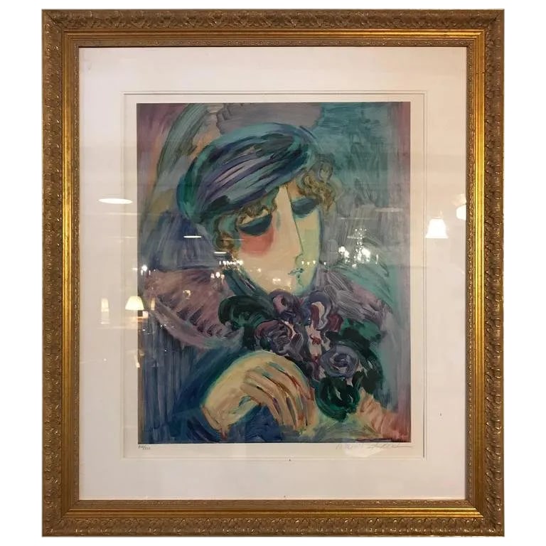 Finely Framed and Matted Lithograph by Barbara Wood Woman With Hat and Flowers: A finely framed and matted lithograph by Barbara A. Wood woman with hat flowers. From Columbus, Ohio, Barbara Wood is a painter of modernist figures, especially females, and genre scenes, and for much