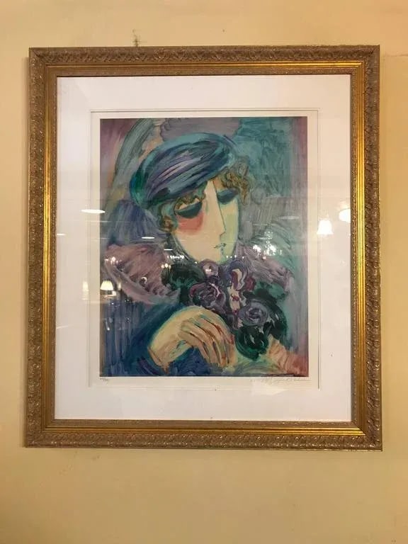 Finely Framed and Matted Lithograph by Barbara Wood Woman With Hat and Flowers - 2