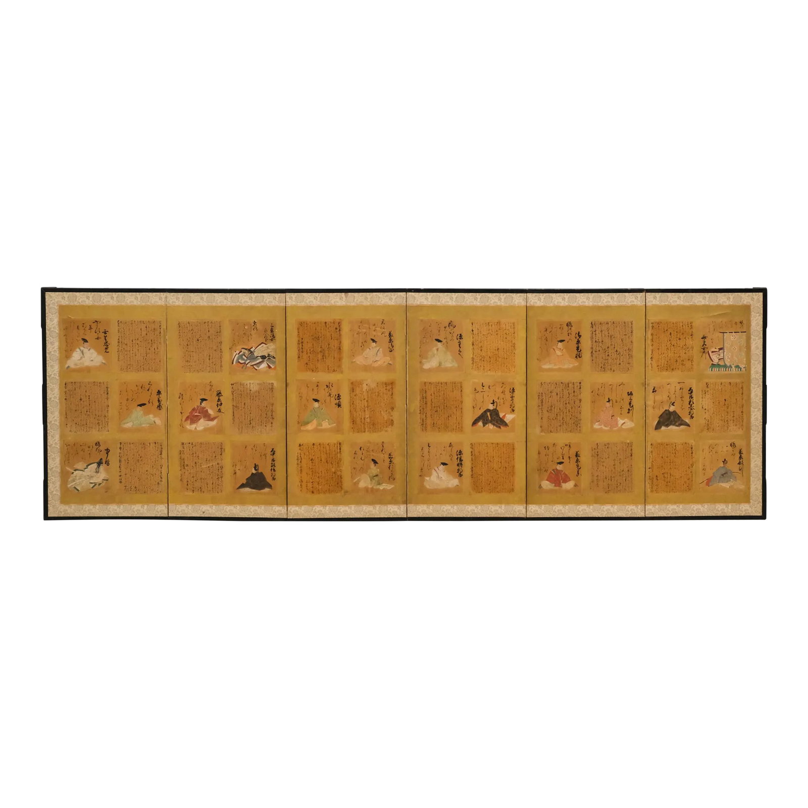 Meiji Early 20th Century Japanese Six Panel Folding Screen Byobu Gold Immortal Poets Calligraphy Poe (1 of 12)