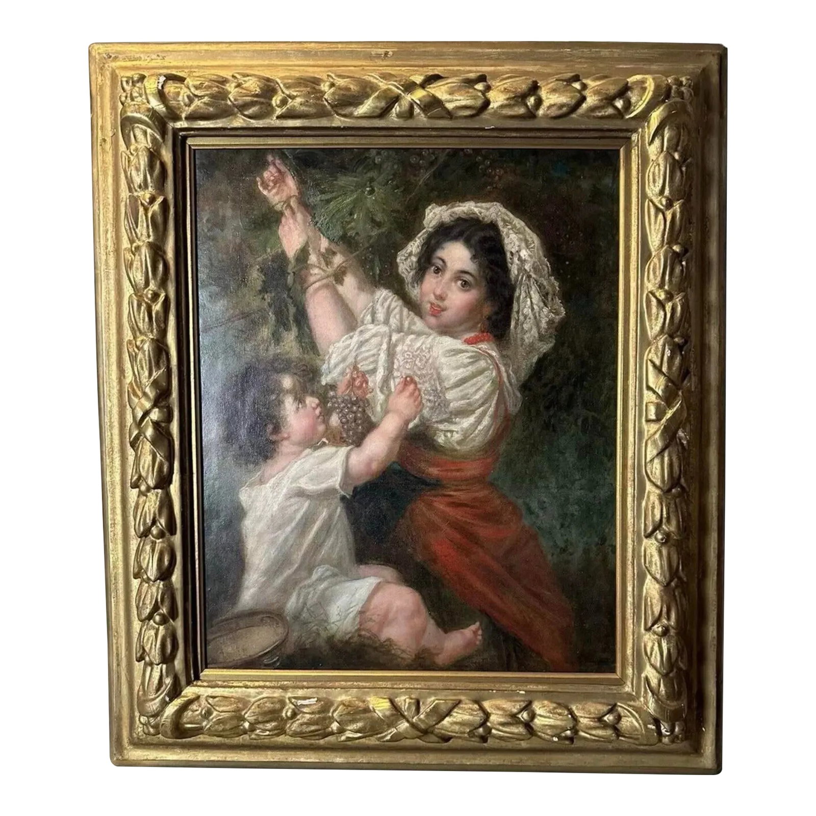 Antique Victorian French Continental Gilt Framed Genre Scene Oil Painting Mother & Child Picking Gra: Antique Victorian Continental Gilt Framed Genre Scene Oil Painting Mother & Child picking grapes. In good original condition showing some typical age-appropriate wear from normal use, with an old gold