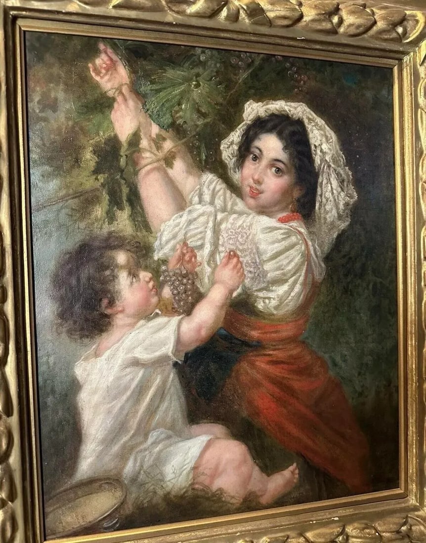 Antique Victorian French Continental Gilt Framed Genre Scene Oil Painting Mother & Child Picking Gra - 2
