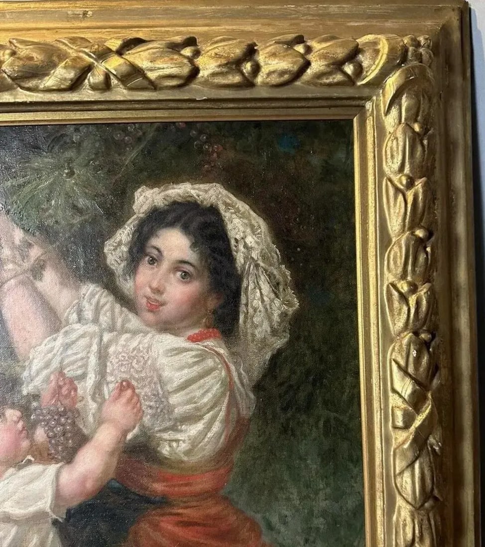 Antique Victorian French Continental Gilt Framed Genre Scene Oil Painting Mother & Child Picking Gra - 3