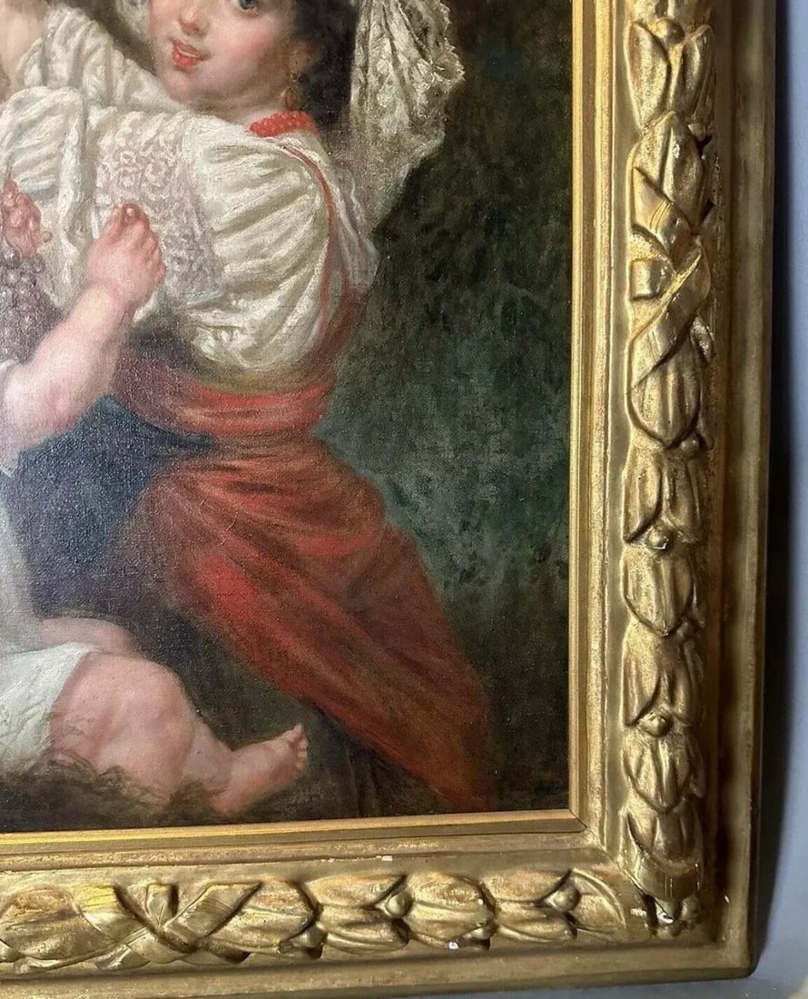 Antique Victorian French Continental Gilt Framed Genre Scene Oil Painting Mother & Child Picking Gra - 4