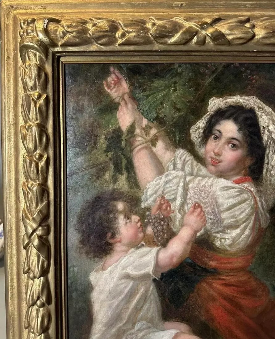 Antique Victorian French Continental Gilt Framed Genre Scene Oil Painting Mother & Child Picking Gra - 5