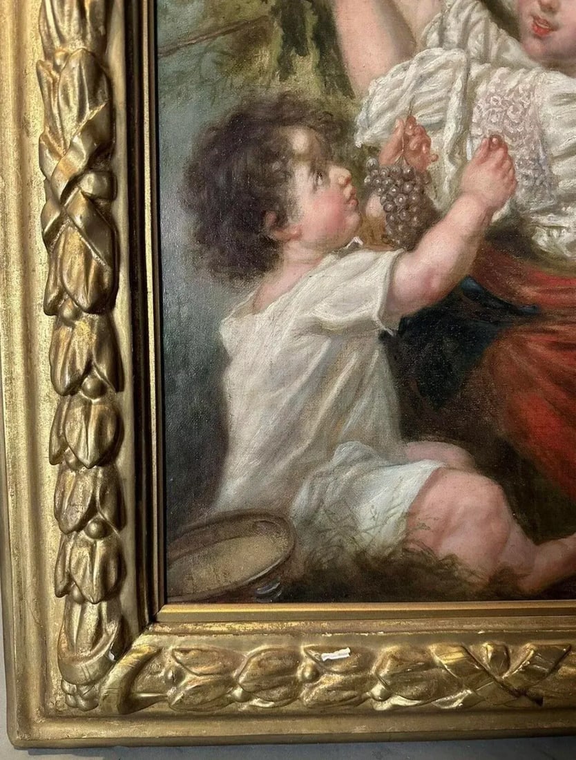 Antique Victorian French Continental Gilt Framed Genre Scene Oil Painting Mother & Child Picking Gra - 6
