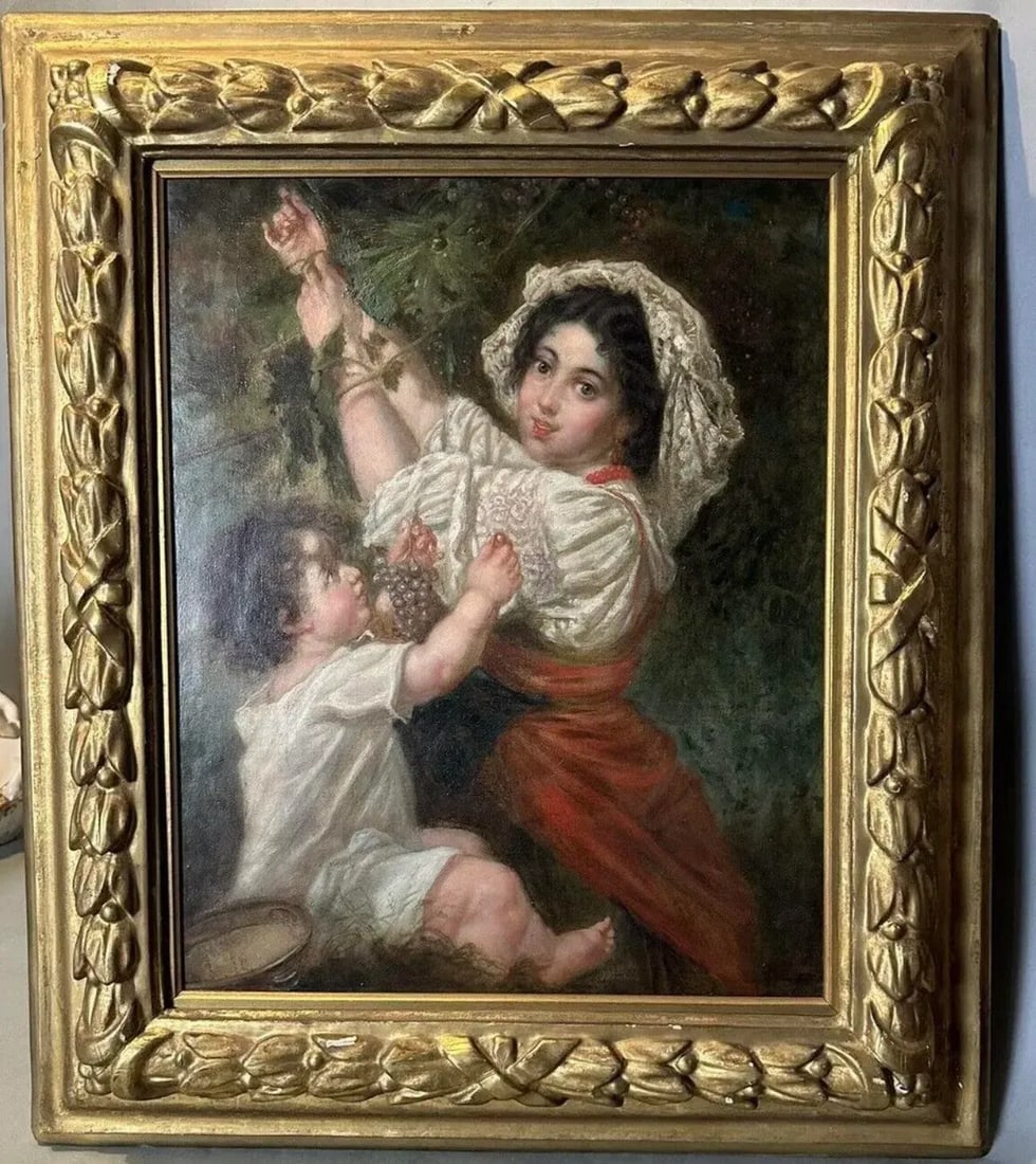 Antique Victorian French Continental Gilt Framed Genre Scene Oil Painting Mother & Child Picking Gra - 9