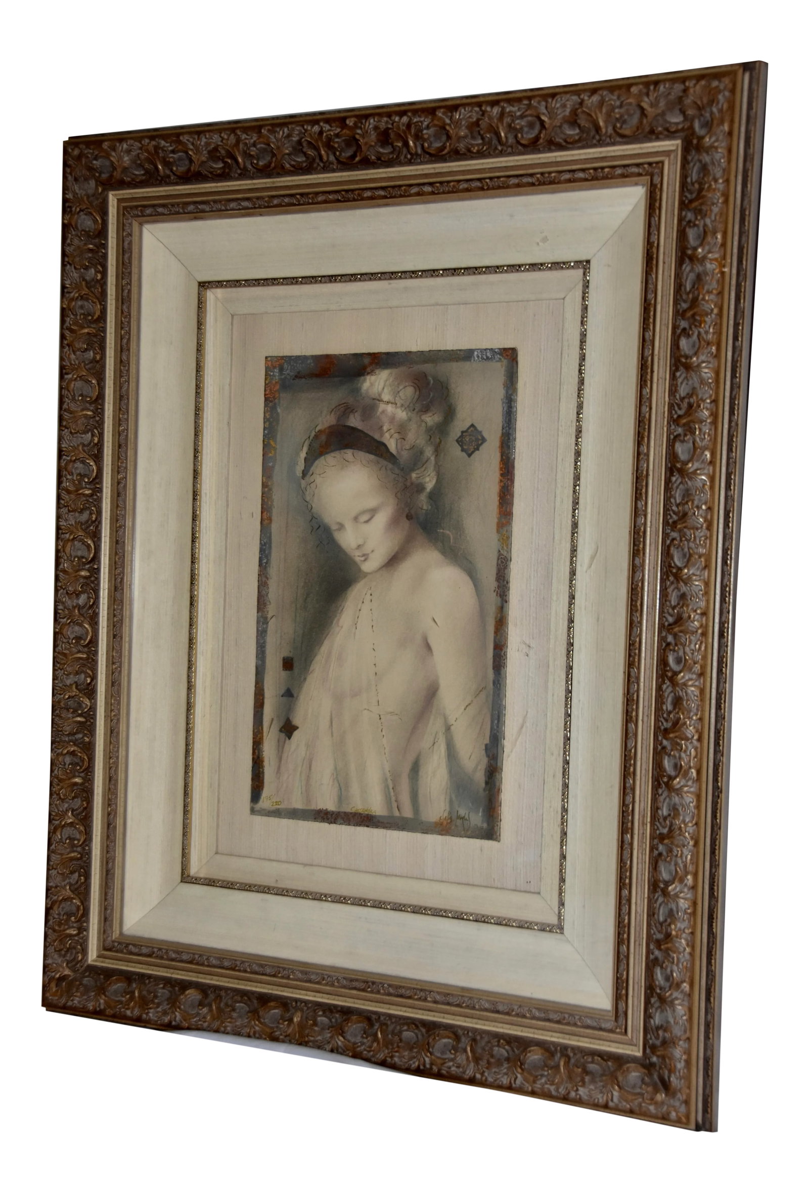 Csaba Markus 'Cassandra' Original Museum-Quality Painting Mixed Media: An original Hand Painted on Paper "Cassandra" by Hungarian-American artist Csaba Markus. This alluring original limited edition mixed media Serigraph hand applied metallic leaf. Mounted in a plaster