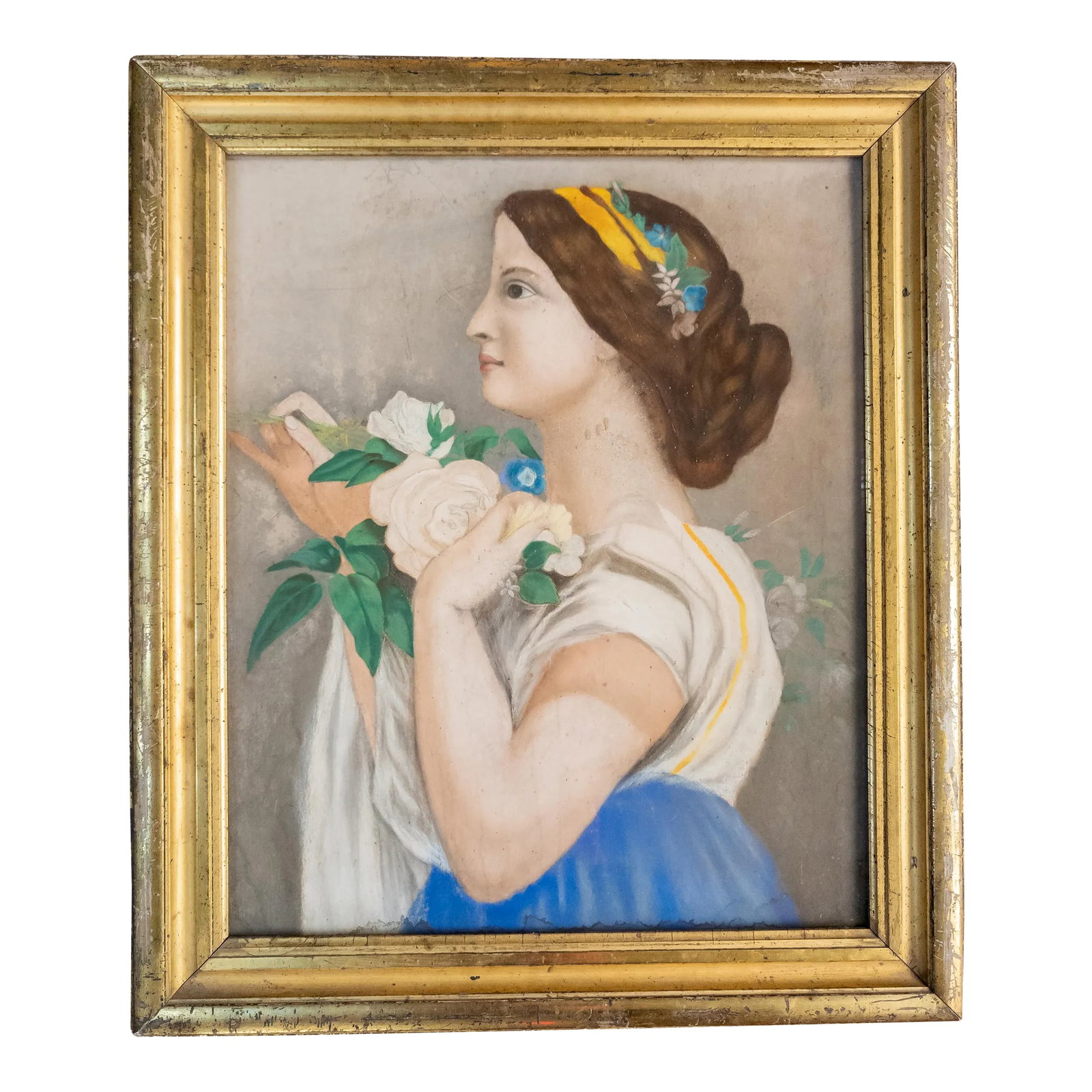 Mid-Century Modern Pastel Portrait Painting of a Lady in Lemon Gold Frame: We are selling this pretty Mid-Century pastel portrait of a lady. This great portrait features a 20th century Naive interpretation of a Neo-Classical or Renaissance Revival posed lady. There is