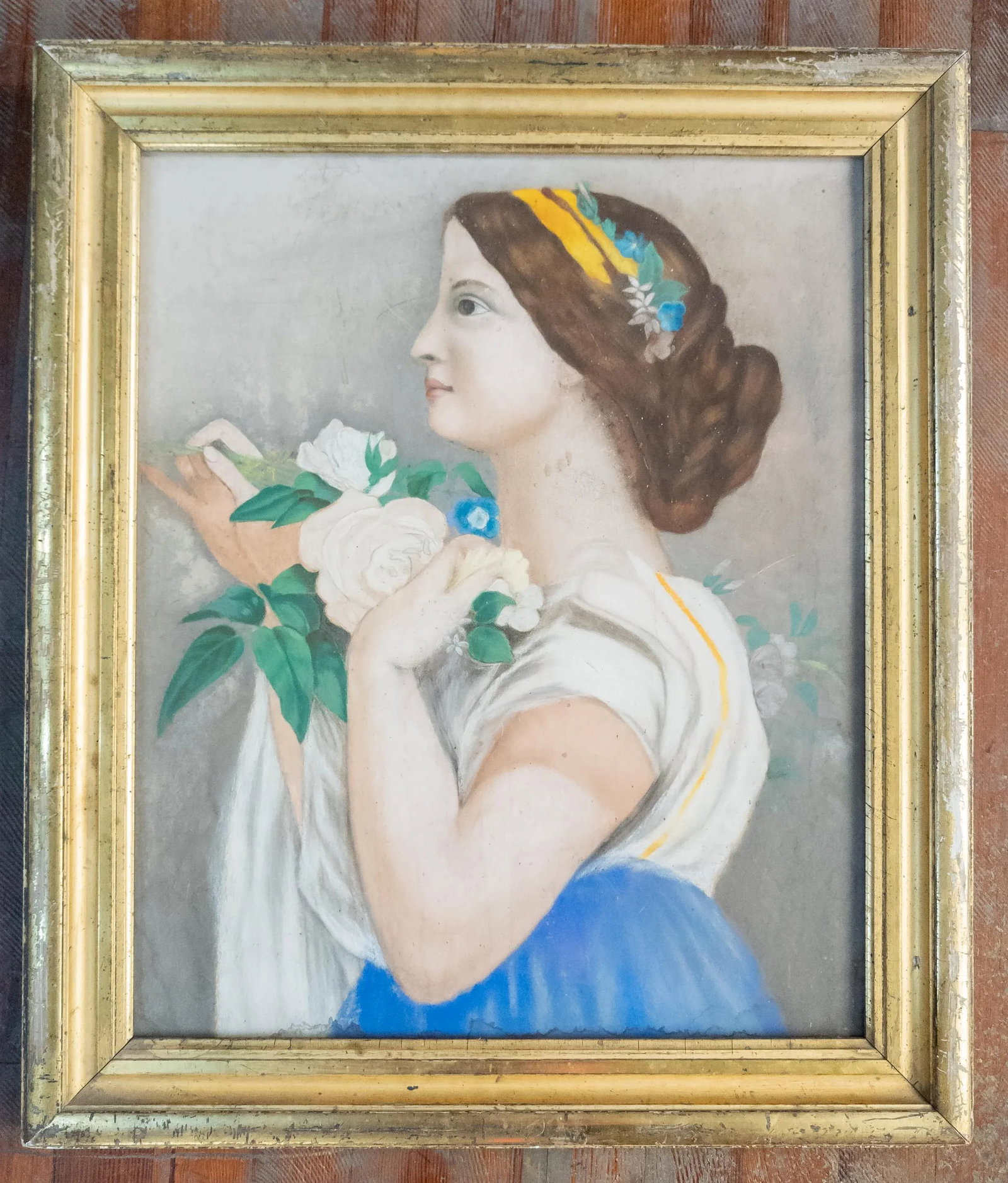 Mid-Century Modern Pastel Portrait Painting of a Lady in Lemon Gold Frame - 2