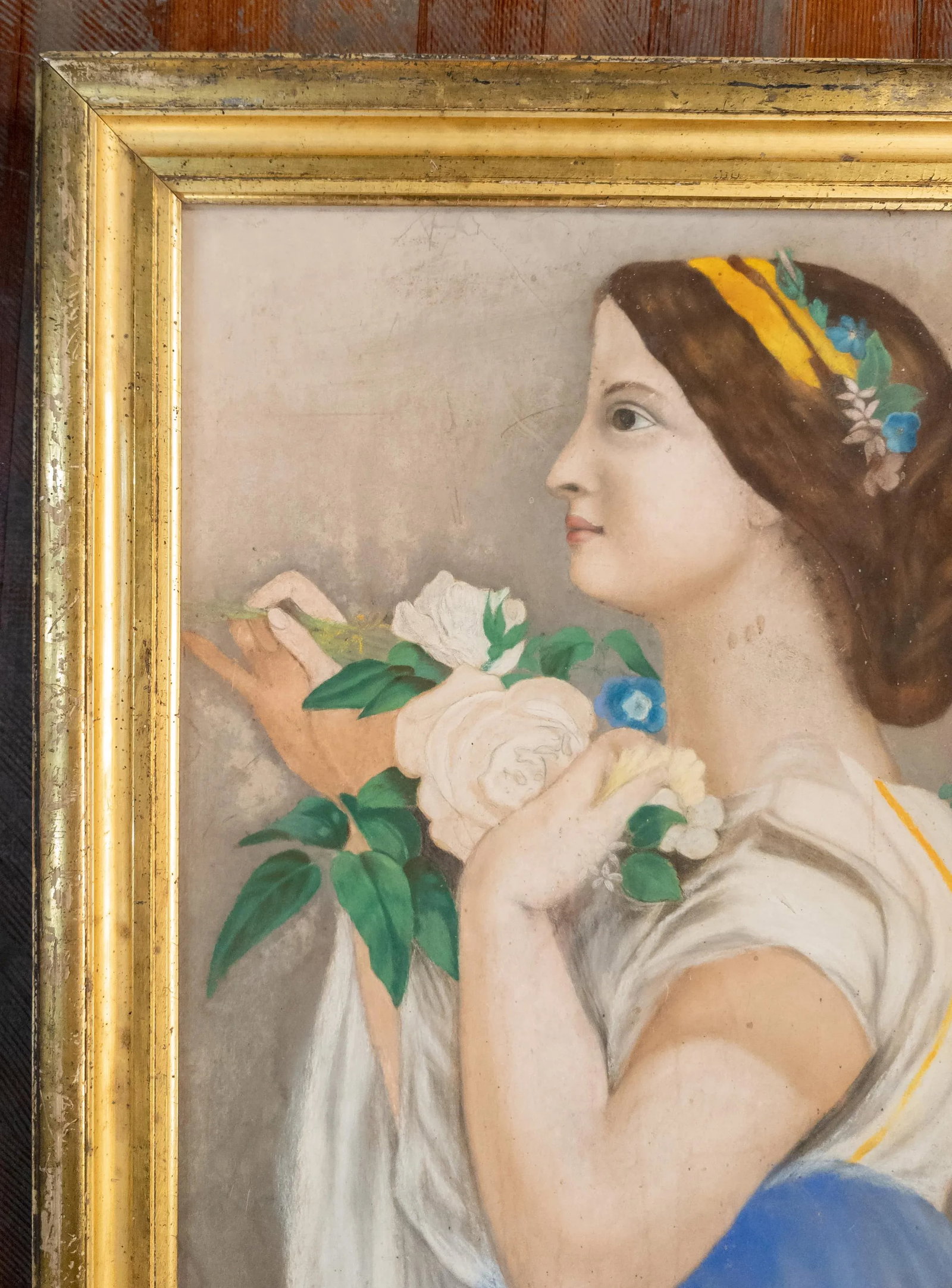 Mid-Century Modern Pastel Portrait Painting of a Lady in Lemon Gold Frame - 3