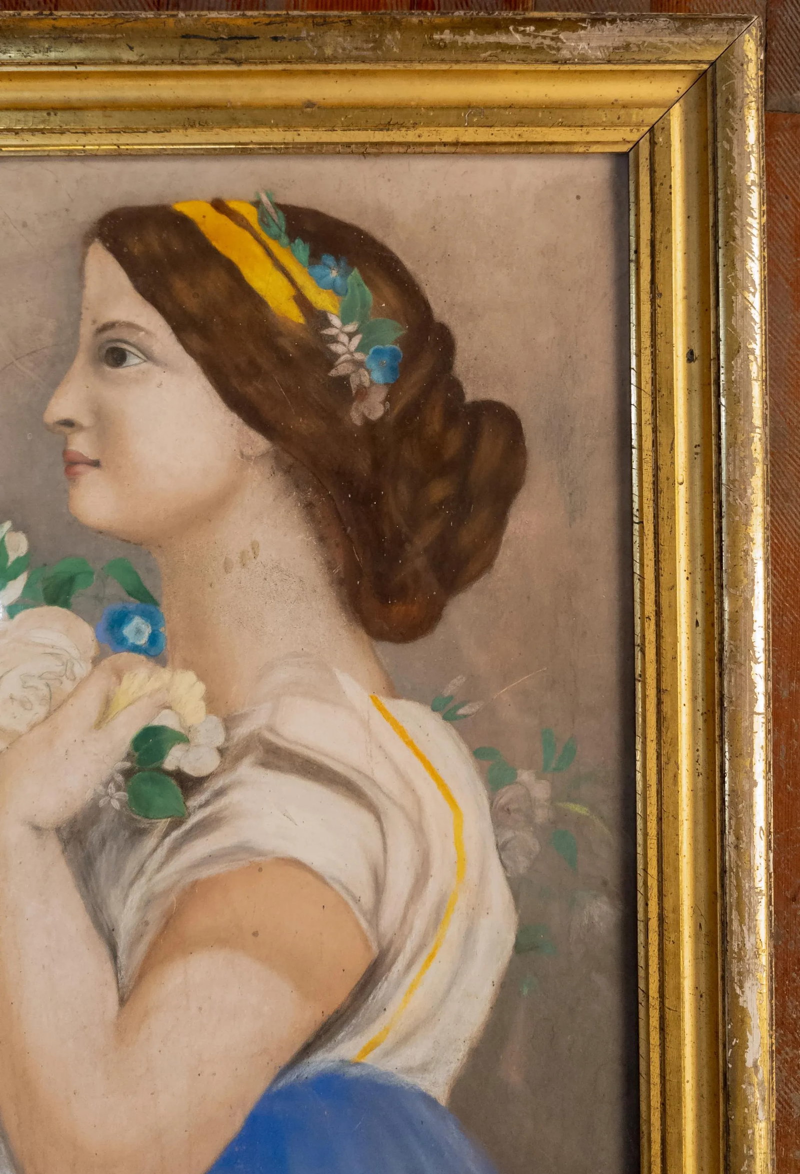 Mid-Century Modern Pastel Portrait Painting of a Lady in Lemon Gold Frame - 4
