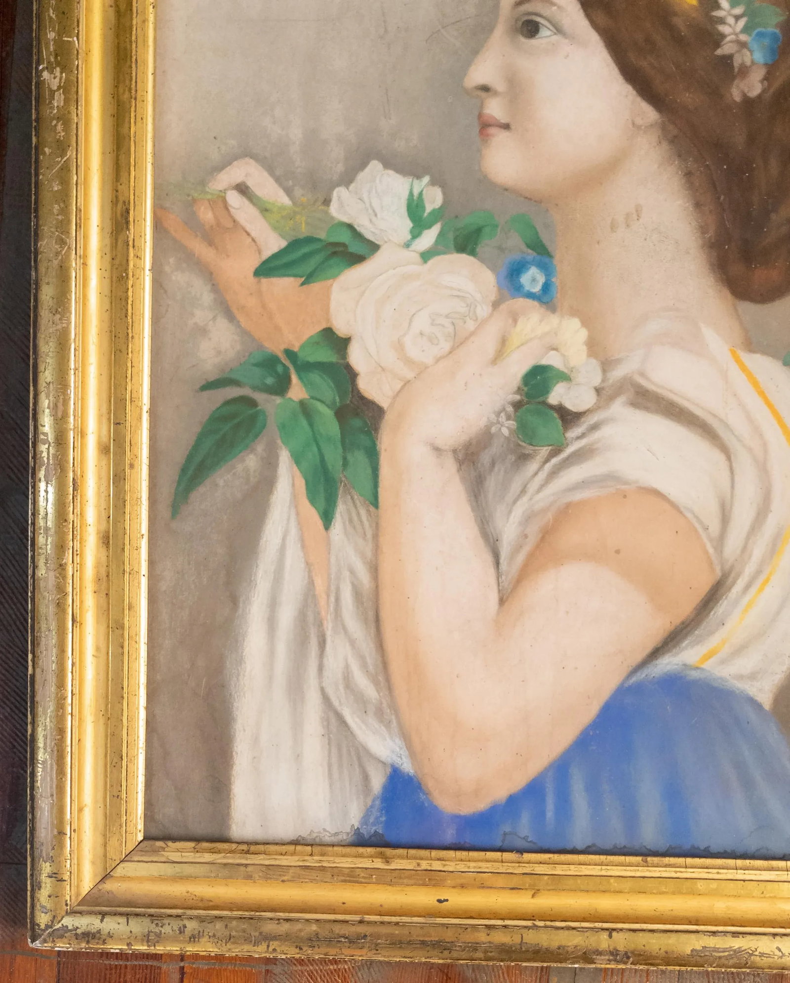 Mid-Century Modern Pastel Portrait Painting of a Lady in Lemon Gold Frame - 6