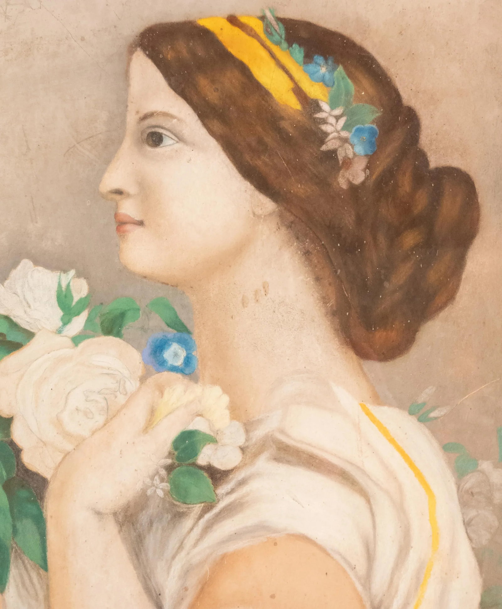 Mid-Century Modern Pastel Portrait Painting of a Lady in Lemon Gold Frame - 7