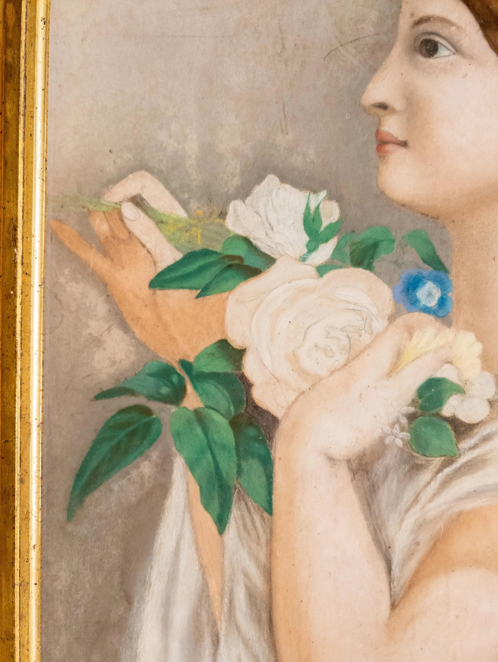 Mid-Century Modern Pastel Portrait Painting of a Lady in Lemon Gold Frame - 8